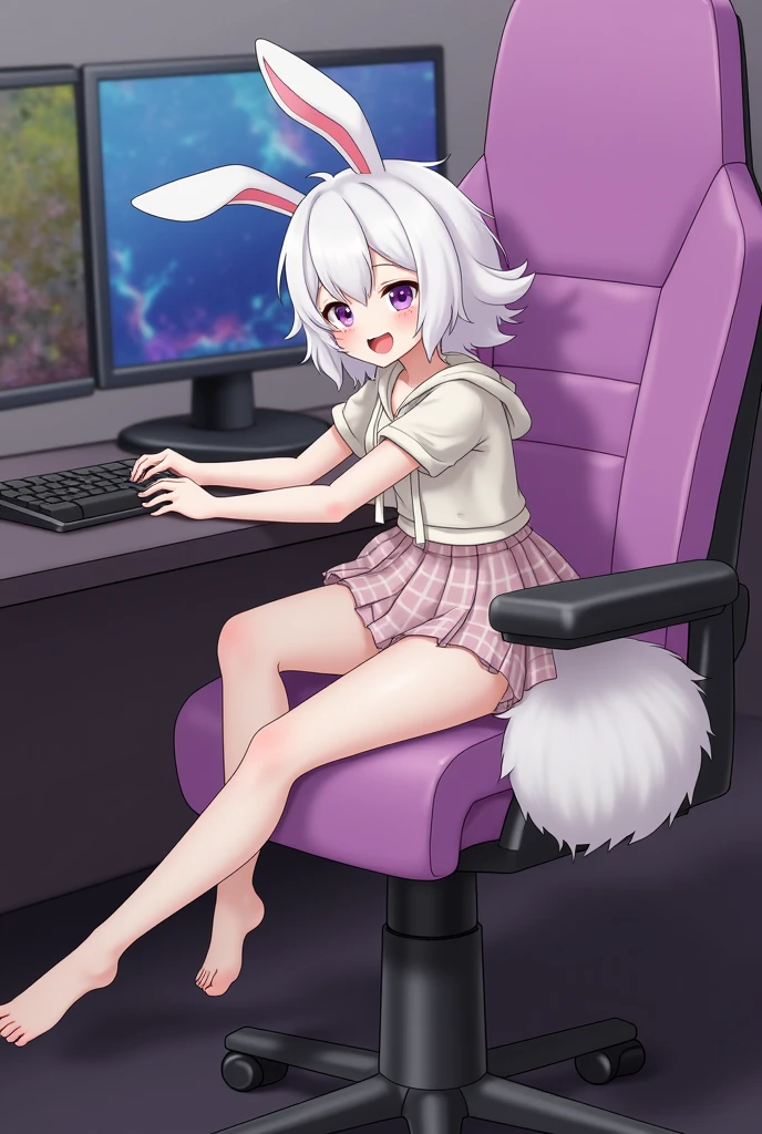 detailed Girly Room, nsfw, young skinny (petite grey_bunny:1.35),(bunny face,furry grey fur covered body:1.3),detailed face and eyes,grey fur, fluffy bunny tail,long bunny ears, long hair,(perky flat chest),(furry:1.1) ,detailed face, (loose shirt), (detailed light purple eyes),wide hips,(pussy slit), detailed nipples, gamer, headphones, sitting ,(thighs),happy, (embarrassed), (blush),(Gamer Chair, Keyboard, Mouse PC Tower, RGB, pop culture highly detailed background posters:1.1), smooth, Ultra realistic, masterpiece, highest quality, ultra detail,adorable,intricate detail, professionally retouched, realistic professionally color graded photograph, natural lighting, realistic, light particles,fine fabric emphasis, bokeh,by Pino Daeni, by Ruan Jia, by Shiitakemeshi, by Alayna Lemmer, by Carlo Galli Bibiena
