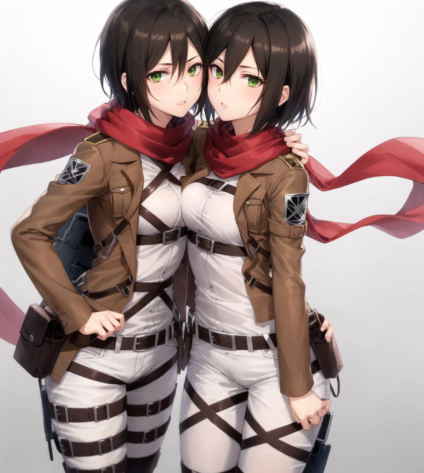 NaoeDef,short hair,black hair,bangs, blue eyes,animal ears,black eyes,dog ears,dog tail,dog girl,tail<lora:Ðанно ÐÐ°Ð¾Ñ Ð²ÐµÐ´Ñма +коÑплей(NaoeDef,short hair,black hair,bangs, blue eyes,animal ears,black eyes,dog ears,dog tail,dog girl,tail(Ñм одеждÑ):0.9>,shirt, long sleeves, gloves, underwear, panties, jacket, open clothes, striped, scarf, uniform, military, military uniform, bandaid, brown gloves, brown jacket, bandaid on face, crotch seam, striped scarf, yellow scarf, white panties, ((2girls)) in full growth, best quality, masterpiece, ultra-detailed, high quality, (no panties), no bra, yuri, yuri sex, lesbi, lesbi kiss, lesbi sex