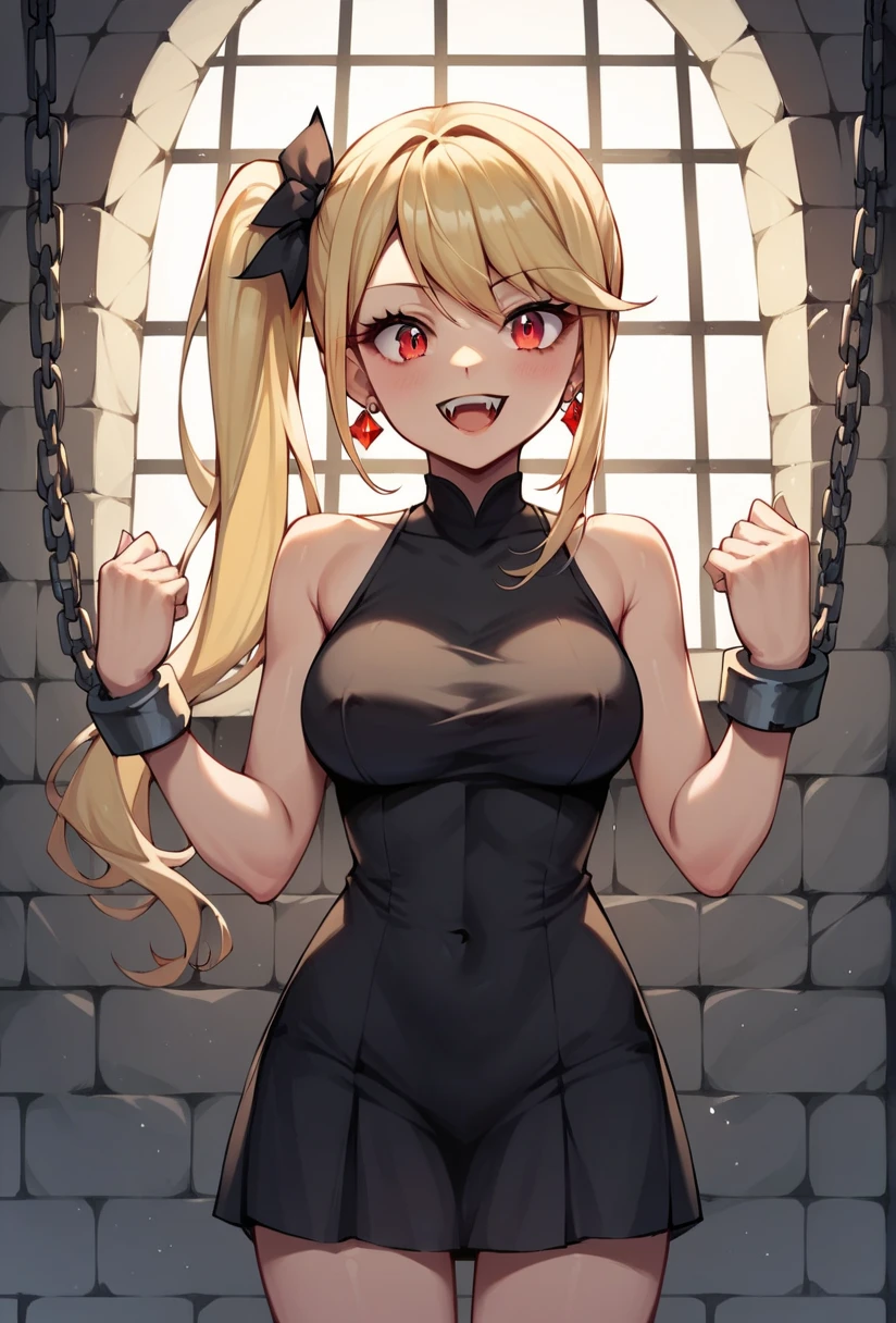 (chained shibari:1.2), submissive, hanged up, hands apart, hands up, perfect ass, arched back, ([lookback : look over shoulder : 15]:1.6), (dark shot:1.2), twintails, (intricate details:1.12), (intricate details, hyperdetailed:1.15), dungeon, (at night:1.2), fireplace, warm light, dramatic light, cinematic, (closeup:1.2), bondage, bdsm, bdsm dungeon, pervert, restraint, bound, tied up, restrained arms, restrained hands, fully restrained, restrained body, bound with chains, bound hands, blonde hair, open mouth, slight smile, blushing, himiko toga, bdsm outfit, vampire teeth, hardcore bdsm, slave, short hair, 1girl, solo