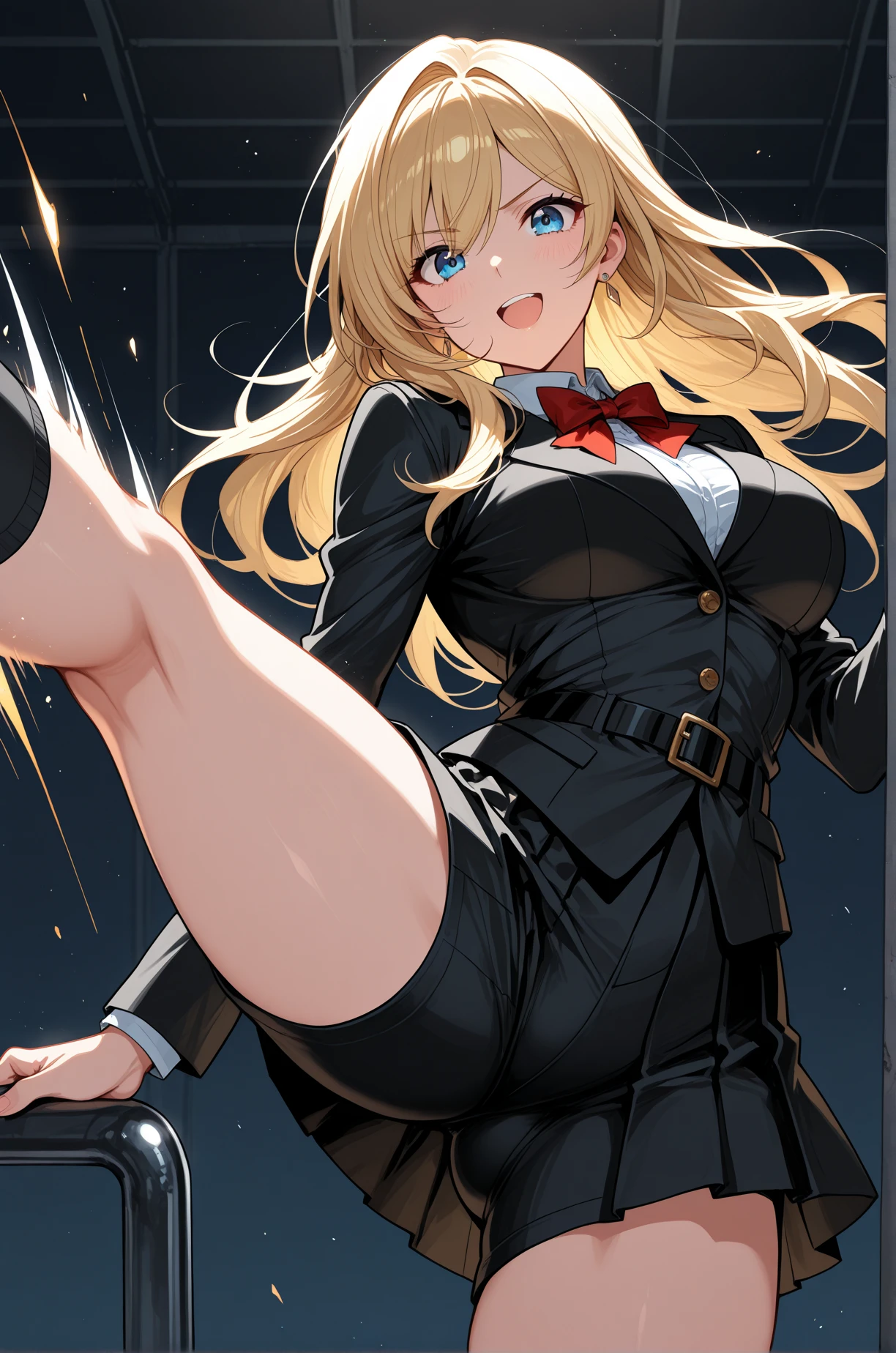 (Amelia watson:1.0), Blonde, blue eyes, monocle hair ornament, Amelia_Detective, Collared shirt, White shirt, Red tie, (Detective accessories:0) Deer Shooting Cap, brown capelet, Stethoscope, Thin thighs, 1 girl, alone, In-person audience, Looking at the audience, smile, Dynamic pose,(Standing on one leg, Leg lift, Standing Split:1.5),Ass Focus