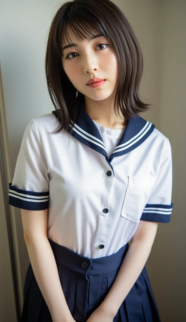 (Realistic lighting、top-quality、8K、masterpiece:1.3)、32K、(1girl in:1.5)、japanes、(Composition from the knee up:1.7)、(High school girl in sailor suit:2.0)、summer clothing、(((Hold the student bag in front of your hips with both hands:1.8))), ((small tits:1.8))、((skinny body:2.0))、NSFW, SFW、(Ultra Slim Body Beauty:1.4))、(Slim abs:1.1)、((Light brown long hair))、(outside of house:1.1)、City Street、Superfine Face、Fine eyes、二重まぶた
