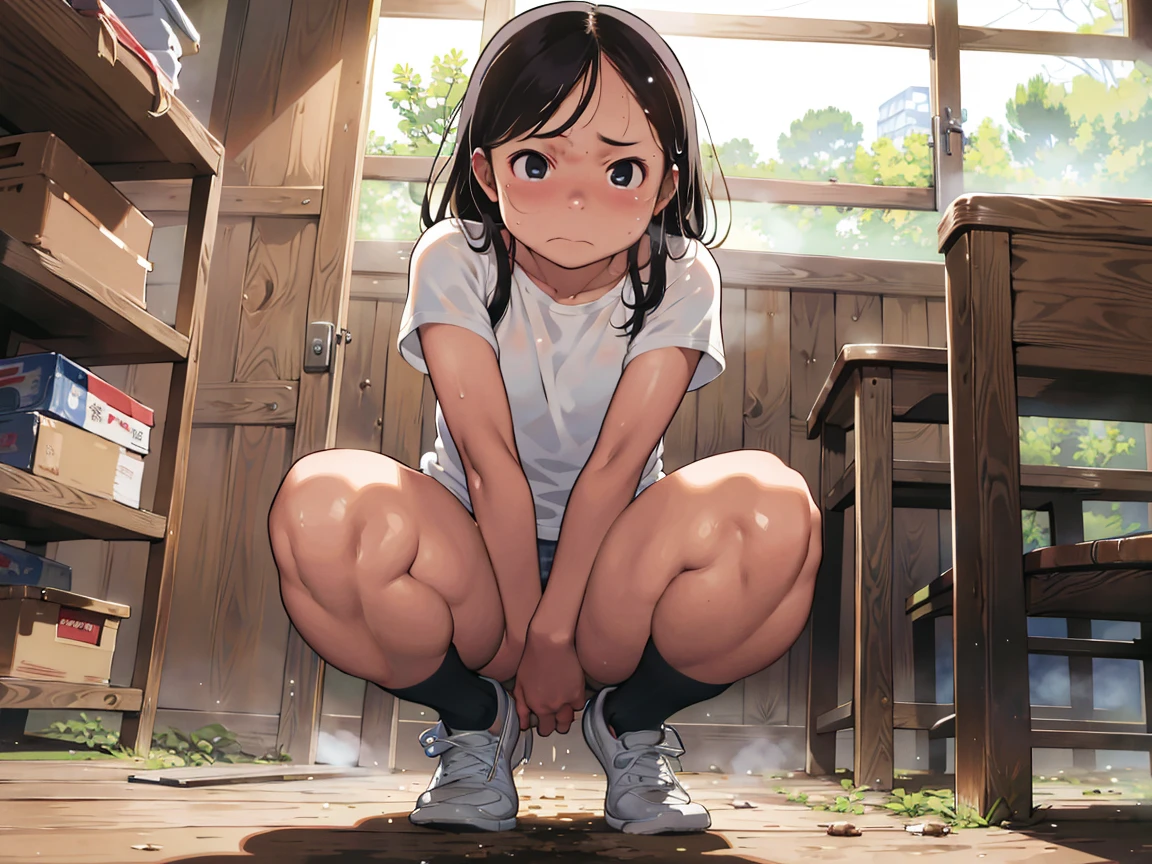 NSFW, (realistic, photo realistic:1.2), ((highest quality)), move the center of gravity backwards, pretty embarrassing, , 1girl, hair clip, Thighs, View your viewers, School gym suit, Bloomers, (squat:1.4), put the heel on the ground, spread legs, squat with your knees up, Attach your ass to the ground, beautiful face details, real human skin, gentle expression, Front view, angle from below, realistic, photorealistic, squat deep on school grounds, whole body, sweats, (looking at the viewer:1.2), From before, from below,