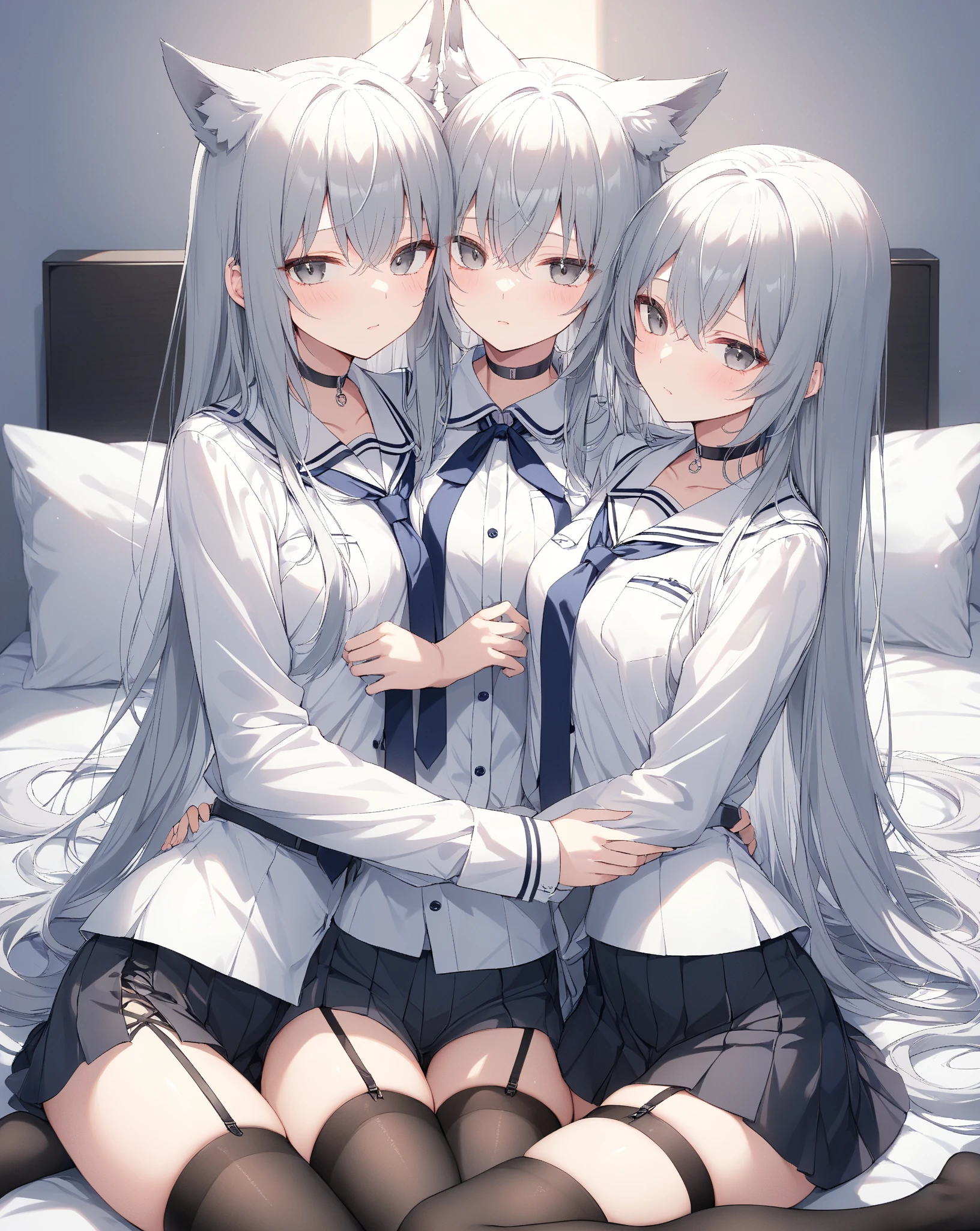 《Masterpiece，full bodyesbian，schoolgirls，underdressing，being thin》，High details，Best quality.
（Soft light），Cinematic light，Beautiful eyes，Enjoy the look，is shy，Be red in the face，The mouth is slightly open，[Two white haired naked young girls in white stockings hugging each other on bed]，，????????????，??????，Kiss，Pajamas with half lips reveal the chest，pyjamas，White hair，white stockings，cozily，clean and meticulous anime art，art trend，gentlesoftlighting，Ambient lighting，16k