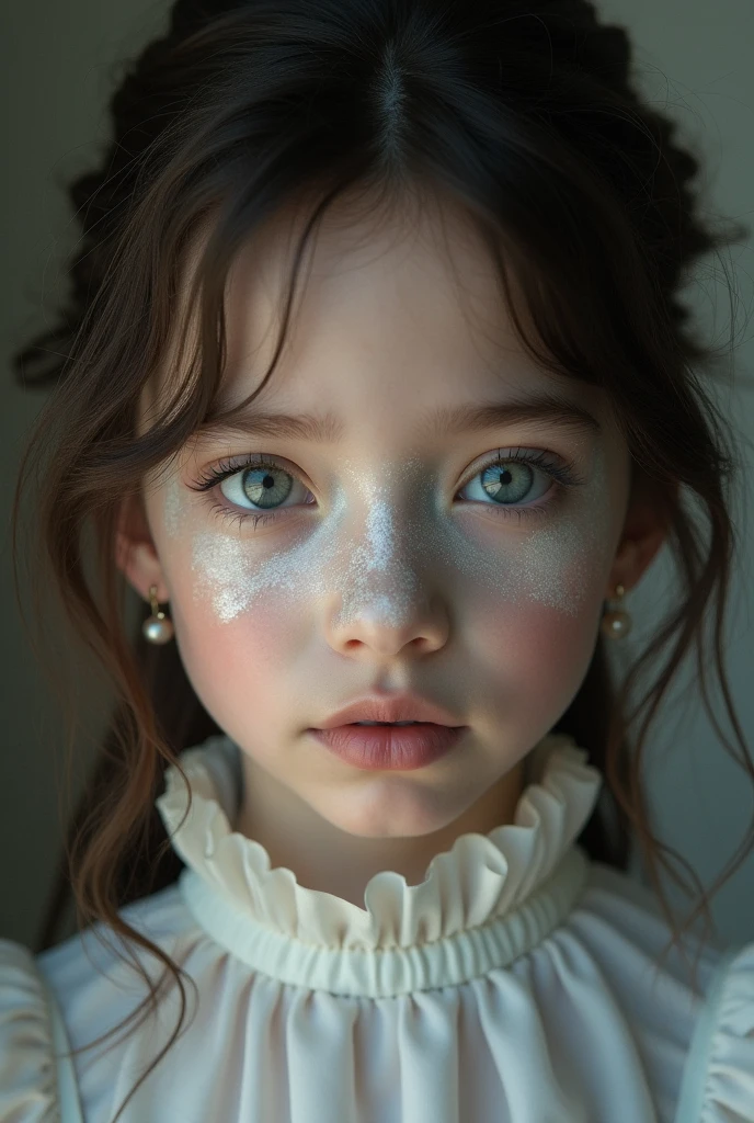 GIRL BLONDE CHILD with long hair wearing a white sweater and black ear warmers, sleepy, wearing cute black scarf, sick with a cold, cold, loli, a cold, cute bangs, with cute white skin, ears, sleepy face fashion model, sad, twintails white_gloves, cute skin, teen, freezing cold nights, cold winter, black ears