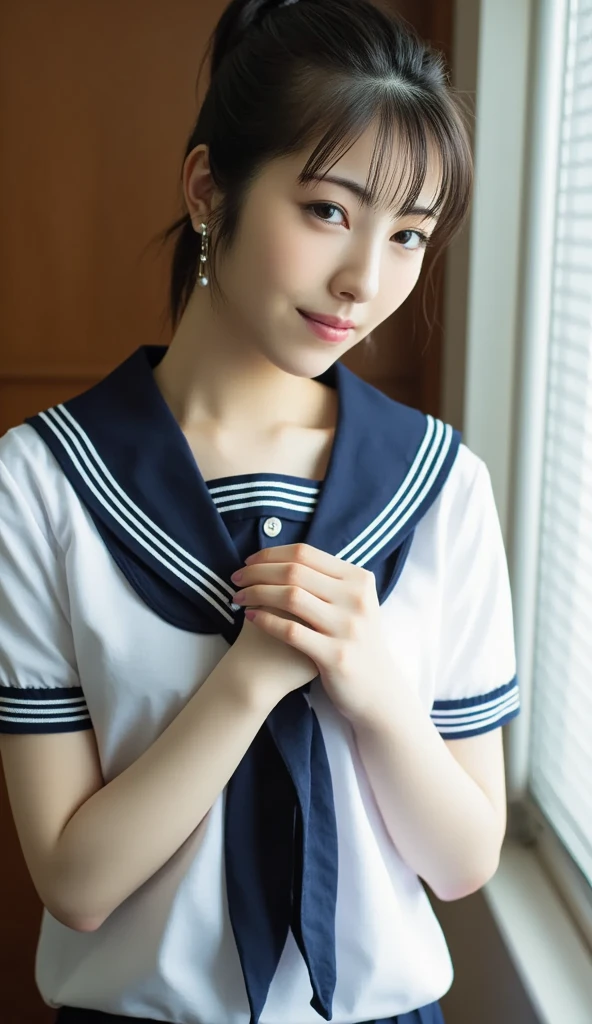 ulzzang-6500-v1.1, (Raw photo:1.2), (Photorealistic:1.4), Beautiful detailed girl, Very detailed eyes and face, Beautiful detailed eyes, Huge file size, (Big), High Resolution, Very detailed, Best quality, [Masterpiece:1.6], [JK Uniform], Illustration, Very detailed, CG, Fine detail, Best quality, Highly detailed CG uniform 8k wallpaper, movie lighting, 1 girl, 17 years old, cute Japan high school girl, perfect figure, [unbuttoned white school blouse], large taut breasts, [huge breasts, heavy breasts: 1.6], cute droopy eyes, beautiful big eyes, white school blouse, see-through bra, sweaty and wet, [sexual arousal: 1.1], [Sexual arousal: 1.1] Lying in bed: 1.5], hands raised, school uniform ribbon around the neck, smile, (the whole body is wet), shining eyes