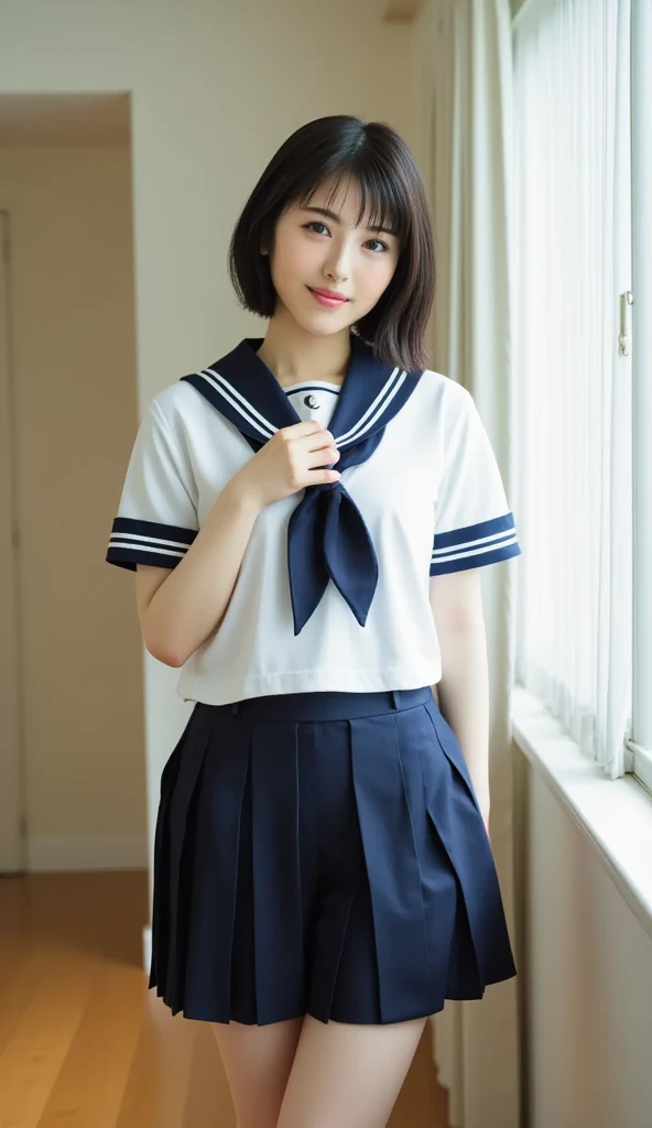 White large plainＴshirt)),((Navy blue bloomers)) 、Medium chest、ponytail, Japanese Girls, 8k, ((Full Body Shot))， Highest quality, masterpiece, Realistic, Photorealistic Super Detail, One Girl, cute, Best Smile, Beautiful Eyes, Long Hair, Perfect Face,Full Body Shot