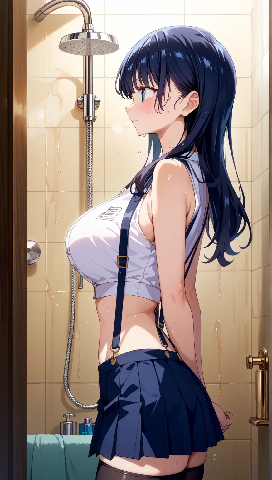Generate an image of Anna Yamada, an anime character with long dark hair, large expressive eyes and a youthful appearance. She must be in sexy tiny underwear, maintaining the same pose, gestures and facial expression than in the provided image. The scene must include the same background, lighting and colors so that the image is an exact copy. Make sure you replicate all the details, including the drawing style and anything present in the scene,long thick legs, diminutive support, naked, scantily clad,sexy,8k