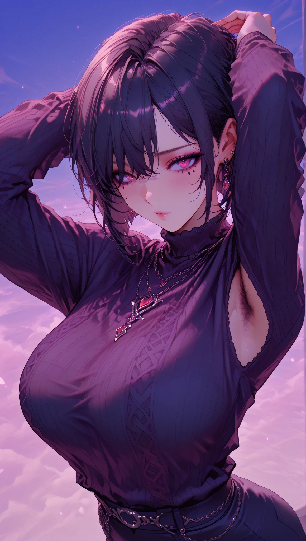 ((Girl: short hair , dark purple hair , White skin , greenish purple eyes , big breasts , a lot of bust , purple painted nails)) ( CLOTHES : feather poncho negras de cuervo, feather poncho, poncho made of feathers completely filled with feathers, modern baggy pants in purple and black , chain necklace , chains on your body, abdomen free and visible ) ( bottom : pink edges , rectangle in the blue and purple center with a throne of bones ) ( greenish violet eyes hyperrealism) ( pose : posing for photography from the side , one wool covering his face and the other on his chest , Crying a lot , many tears, blushing with a lot of sweat, many tears en el rostro )