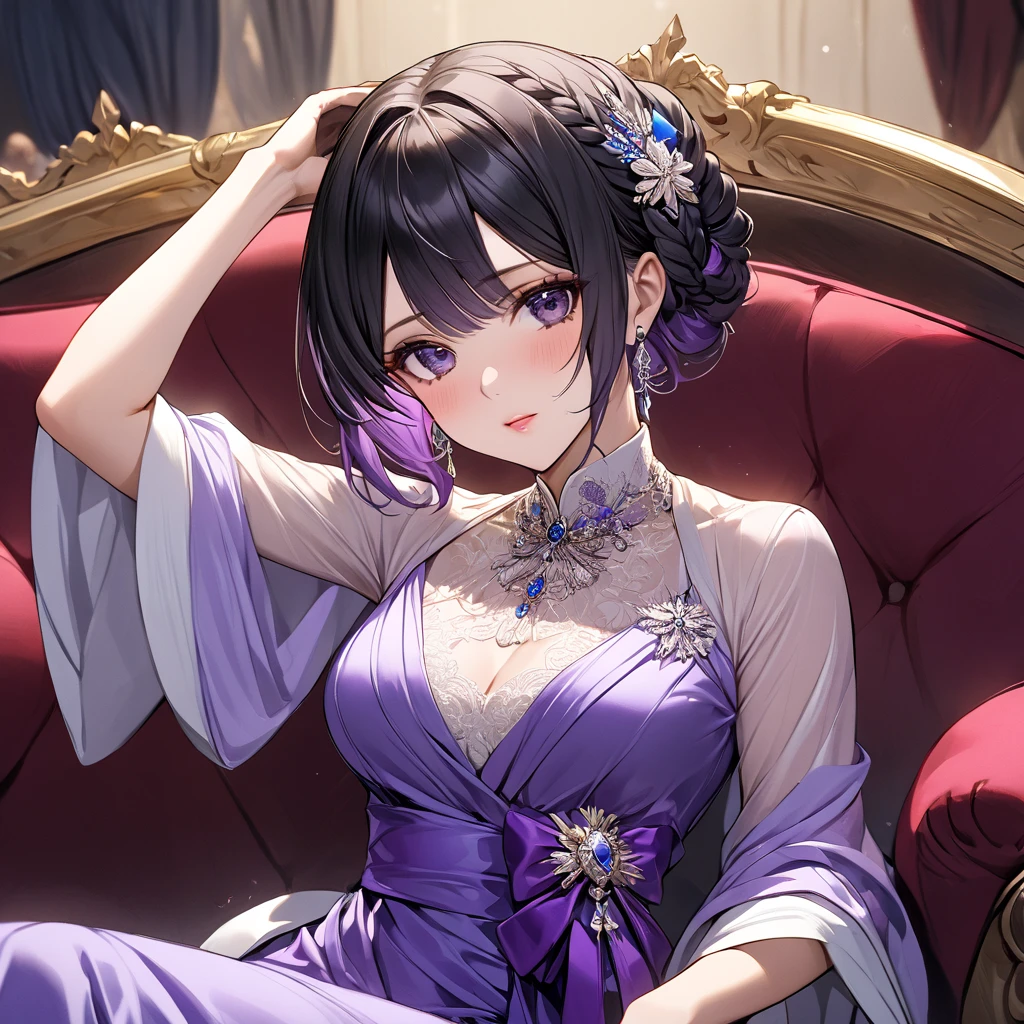 ((Highest quality)), ((masterpiece)), (detailed), (Perfect Face)、The woman is Shinobu Kocho, a Russian with black hair in a purple gradient bob style, tied up in a formal evening hairstyle.、The woman is beautifully dressed in a gorgeous and glamorous evening dress of an ancient Russian empress and accessorized with luxurious accessories.