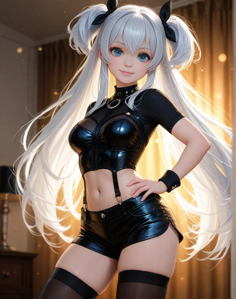 (cabello despeinado), (illustration), retrato, (fondo de ciudad futurista), (arms behind back), Cintura delgada, gran sonrisa, abdominales fuertes, chica delgada, strong abs, muscle girl, front pose, big thighs, focus on face, flat chested, large cathedral background, blue hair, shirt with skirt, sit on rock, detailed vagina, nude, heavy knight armor, mecha musume, pale skin, gothic dress, twin tails, red eyes