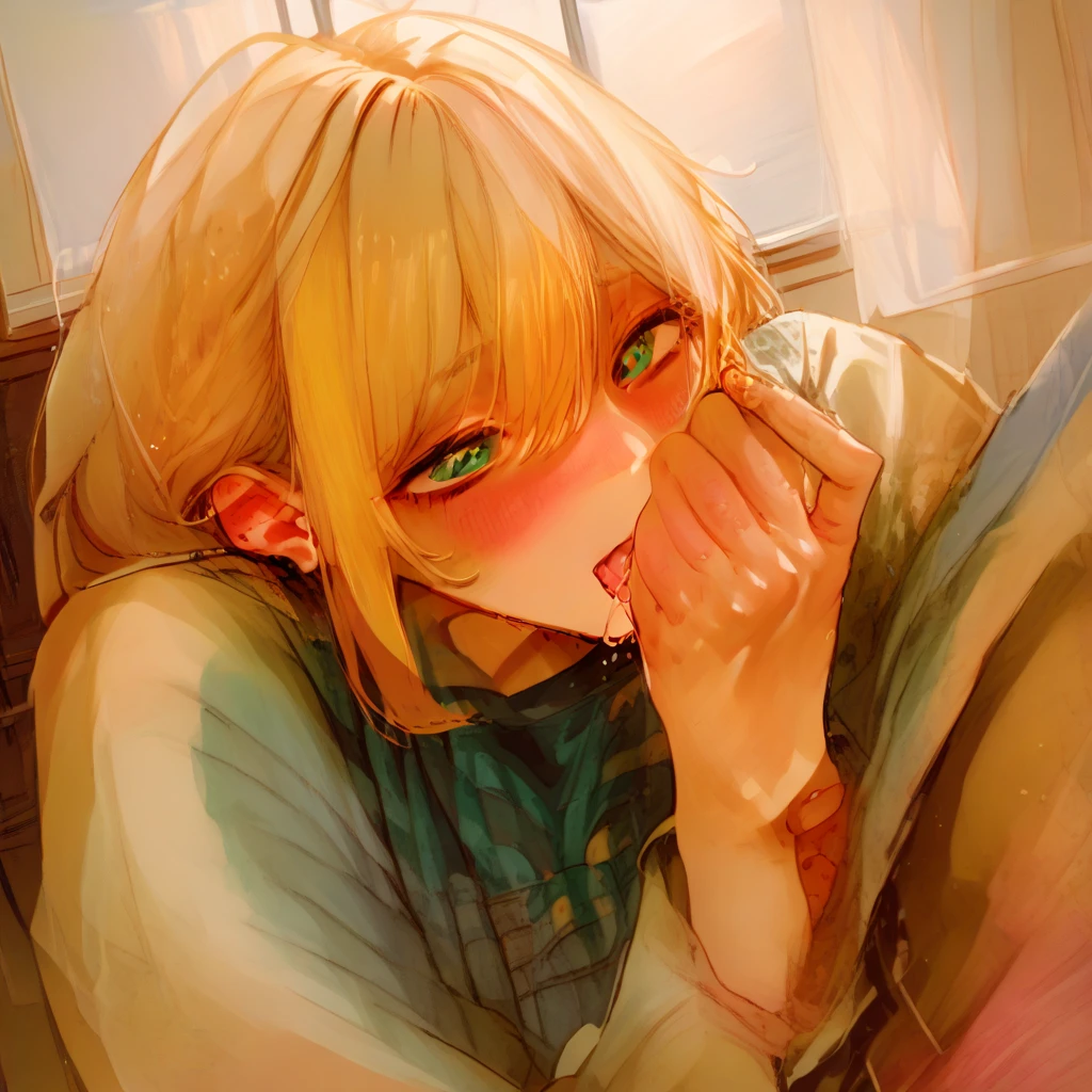score_9, score_8_up, score_7_up, score_6_up, uncensored, miyako ishida, long hair, bangs, blonde hair, black hair, hair between eyes, green eyes, multicolored hair, two-tone hair, BREAK (masterpiece:1.2), best quality, high resolution, (detailed eyes:1.3), perfect lighting, (perfect hands, perfect anatomy), large breasts, sitting, indoors, head rest, from below, casual, ribbed sweater, table, fellatio gesture, tongue out, saliva, gasping, heavy breathing, blush face
