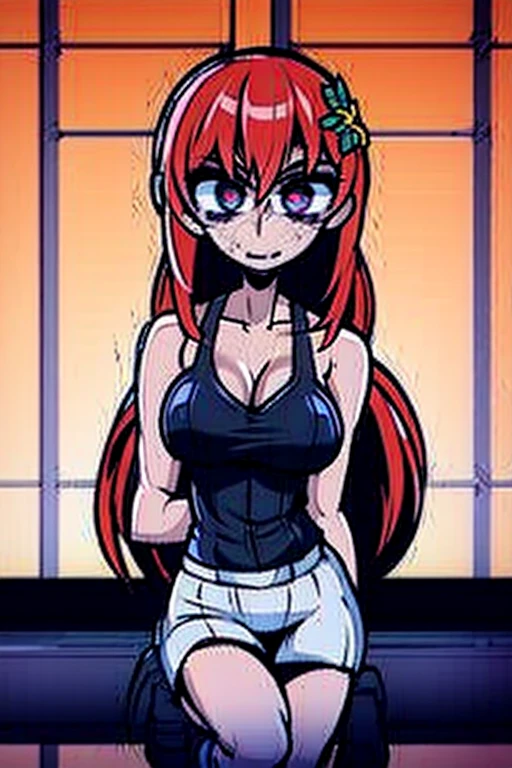 masterpiece, best quality,(best shadow),1girl,looking at viewer,expressive eyes, marker \(medium\), traditional media red hair, blue eyes, star ornament, tight tshirt, panties, thick thighs, smile