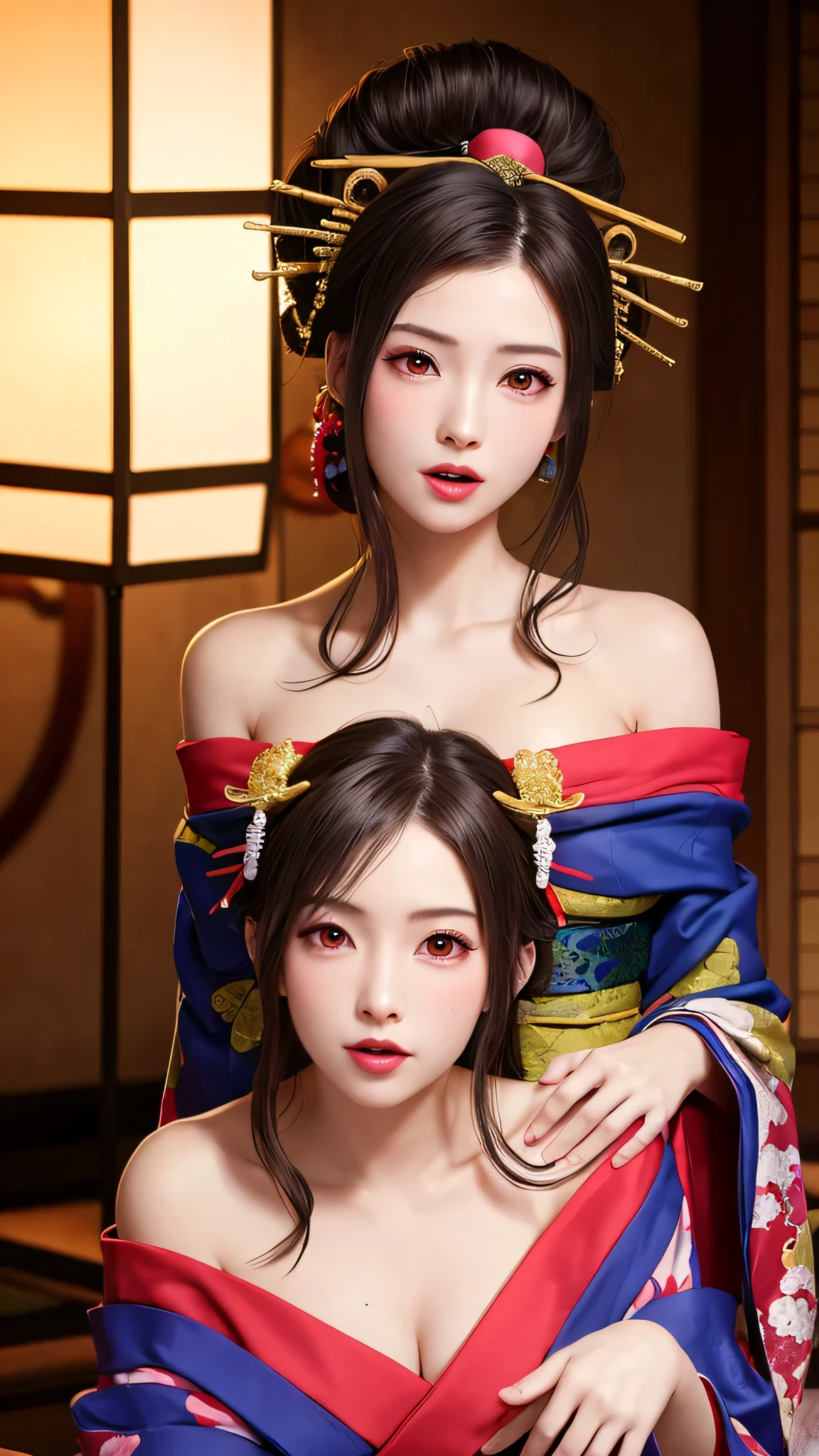 Penteado Updo, 1girl, extremamente bonito, extremamente fofo, amazing face and eyes, (grandes olhos redondos:1.15), Very calm expression, (rosto bonito extremamente detalhado), (Cute courtesan style and cute floral kimono:1.5), (bareshoulders:1.3), (best quality:1.4), (ultra-detalhado), (ultra realistic, photo-realistic:1.37), Pele clara bonita, extremamente detalhado CG unificado 8k wallpaper, Fotos RAW, fotografia profissional, Cinematic lighting, sentado, pernas abertas, (sulco na virilha, parte privativa:1.2), Olhando para mim, (papel de parede floral bonito), quarto, Futon, almofada, quarto escuro, candle lighting, peaceful atmosphere, (Courtier style:1.4), Seios grandes e mamilos a amostra
