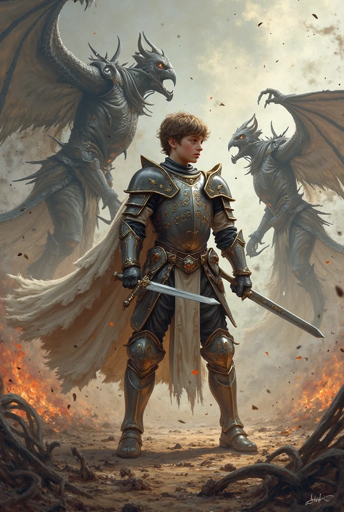 a boy with a crown on a battlefield facing monsters