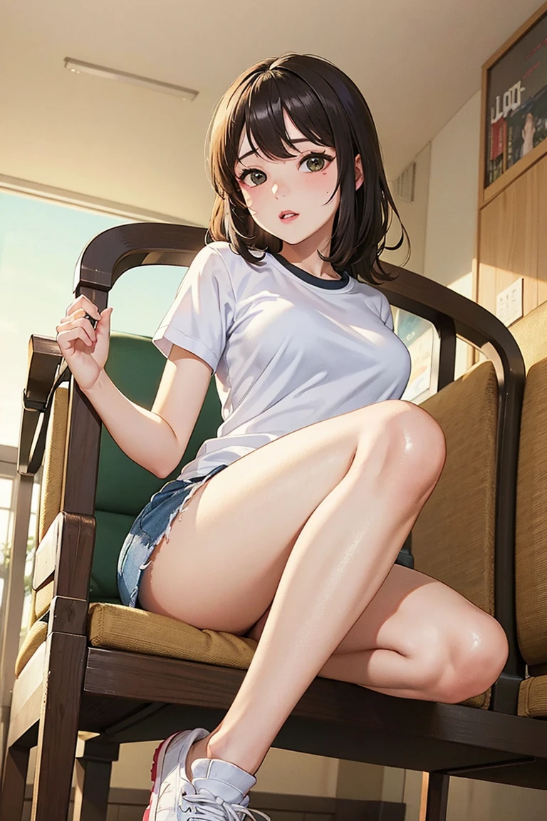 (masterpiece), (best quality), (ultra-detailed), (full body shot), seductive pose, view from below, (sitting in bus), ((medium brown hair)), (ring earrings), (((white tank top))), ((see-through white top)), (((small breasts))), (nipples), (covered nipples), ((no bra)), ((braless)), (bra less), ((spread legs)), ((denim skirt)), (upskirt), ((white panties)), ((see-through white panties)), (camel toe), (bare legs), ((white high heels)), sensual pose, detailed scenery, dynamic angle, mischievous smile