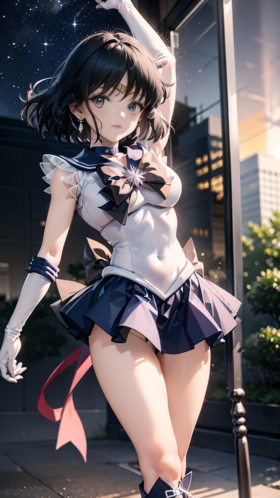 masterpiece, best quality, cowboy shot, looking at viewer, smile, 1girl, solo, (masterpiece, best quality), outdoors, blush, thighs, low wings, single wing, wings, kayoko, red eyes, black hair, white hair, hair between eyes, multicolored hair, two-tone hair, black ponytail, ear piercing, demon horns, halo, horns, two-tone hair, <lora:kayoko_scarxzys:1>, cowboy shot, standing, (lifted by self:1.2), outdoors frown, <lora:Sailor Moon Outfit:0.9>, sailor moon outfit,