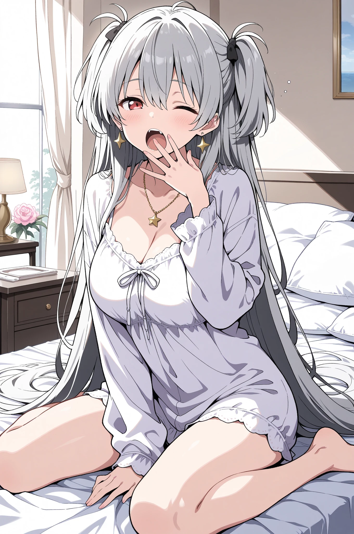 girl、Gray Hair、Long Hair、sexy、Panty shot、tits、White underwear、Bedroom、Sleep on your back、Spread your legs、Bukkake on panties、Cum on panties、Eyes and mouth ajar、Cum in the crotch of panties