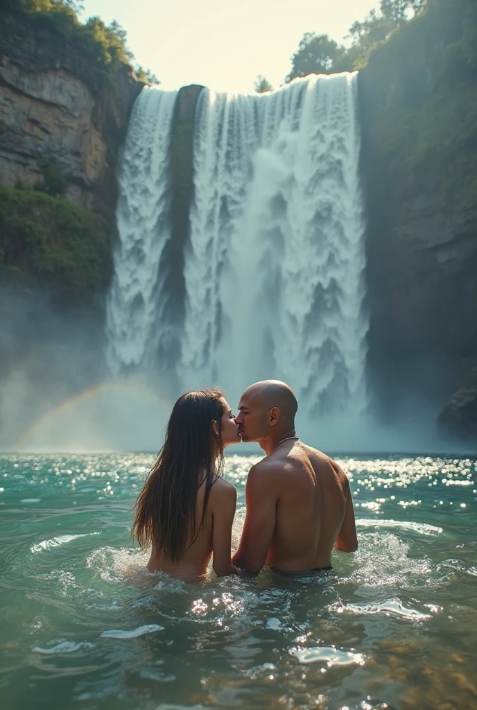 Beautiful and strong girl in lingerie lifting a large man high above her head with her strong arms. Photorealistic. Wide angle. Waterfall in background.