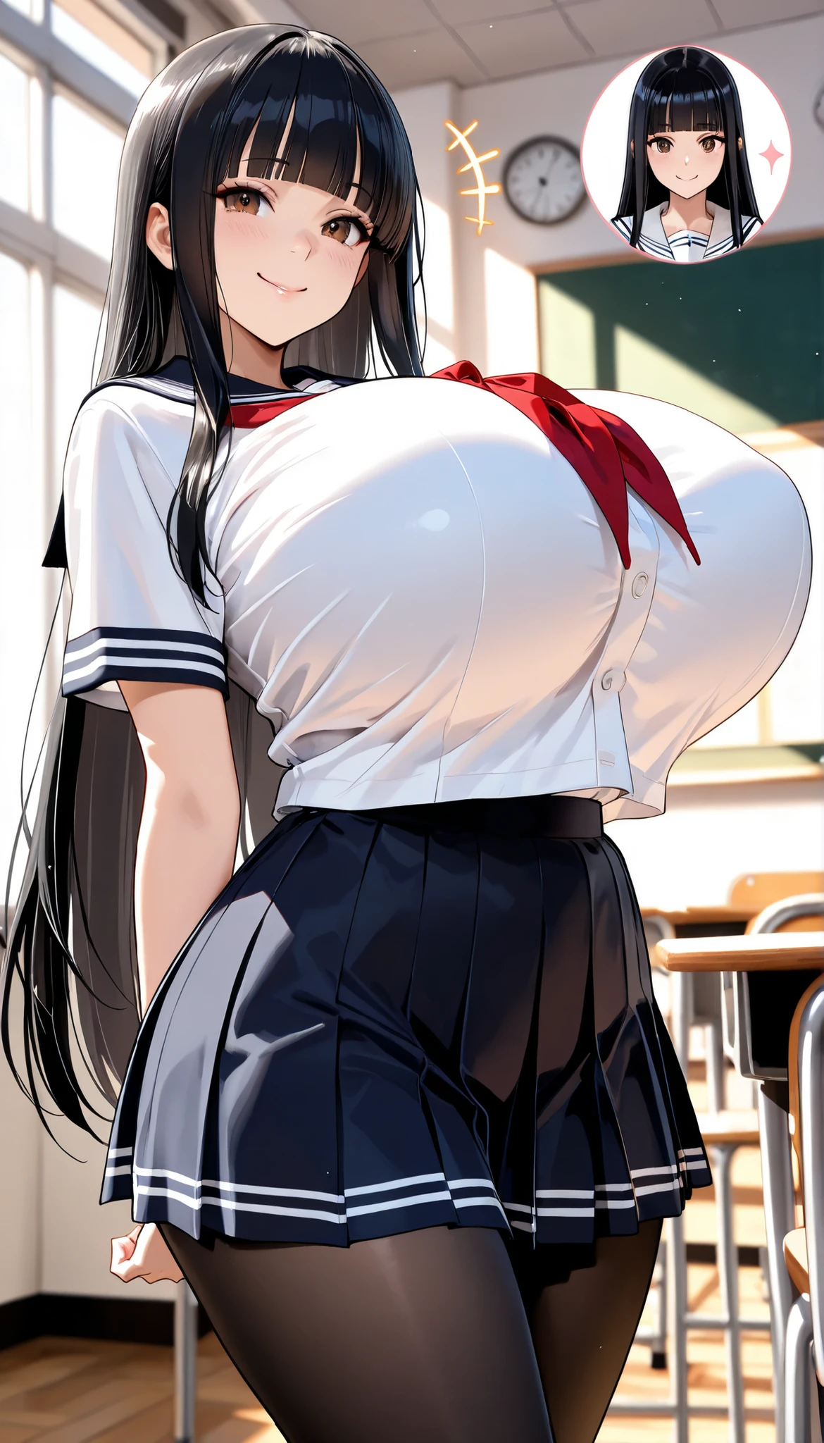 (masterpiece, Hi-Res, very high resolution, 8k, super detailed, top quality), Japanese Women, 1 high school girl, beautiful character design, tall from the school building, Clean face, (black hair, very long hair, straight hair, blunt bangs), beautifully detailed eye depiction, Expressive Eyes, brown eyes, Japanese woman who likes to be lewd, Smile Yan, (school uniform, Red ribbon, sailor skirt, Black pantyhose), (pointy breasts:1.3, saggy huge breasts:1.3), Beautifully Shaped Boobs, constricted waist, wide hips, standing, is excited,  In a classroom at a school where no one else is