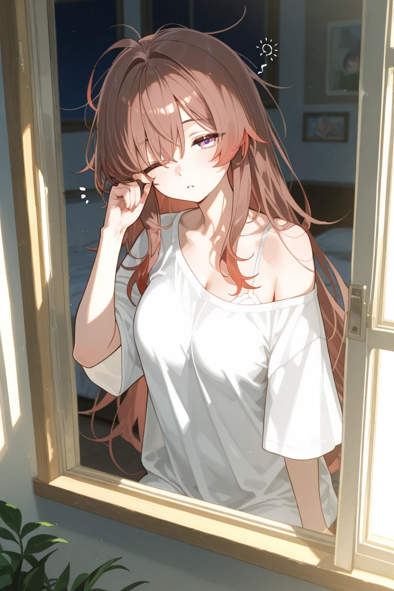 masterpiece, best quality, highres, 1girl, shirt, naked shirt, shirt tug <lora:shirt_tug:1.2> red hair, orange hair, blue eyes, long hair, blush, embarrased,