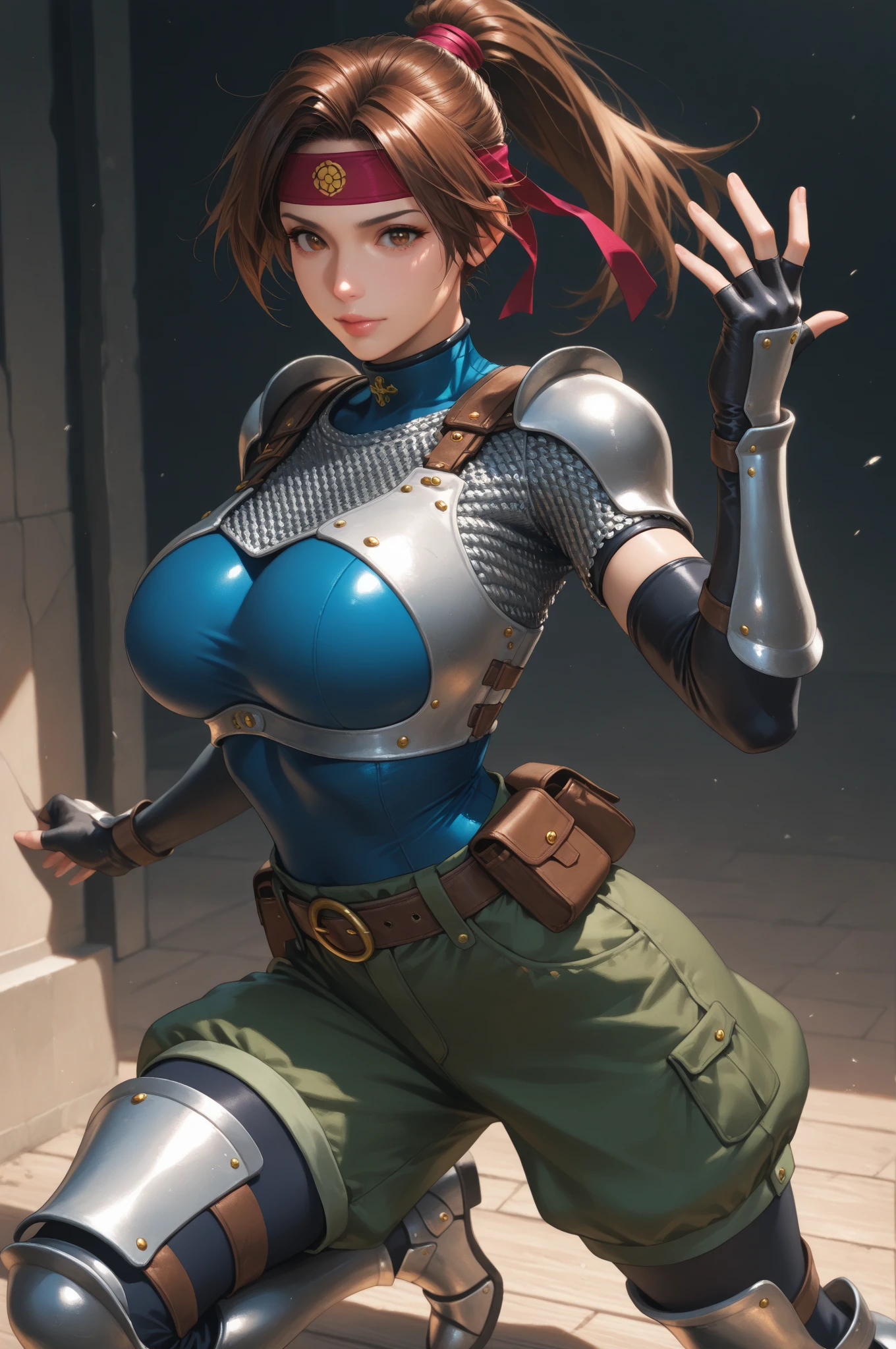 masterpiece, best quality, <lora:rahab-nvwls-v1-000009:0.9> rahab, black bodysuit, armor, armored legwear, gloves, belt, pouch, huge breasts, looking at viewer, from above, steampunk, indoors, tavern, sitting, bottle, table, chair