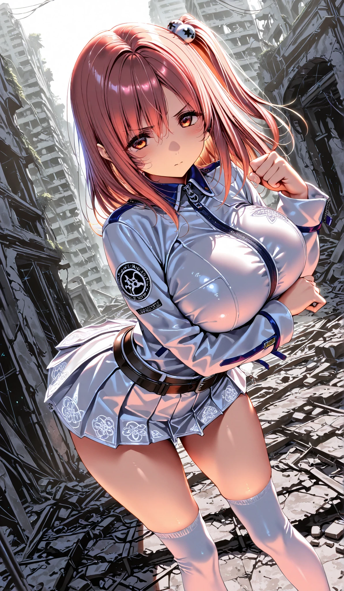 masterpiece, Highest quality,High resolution,Dorothy, Redhead,Red eyes, Have,dress,Braiding, black dress,One side of the dress is torn at the chest、Dust cloud、tits、Nipples fully visible、receive damage from an attack、anime、((Battle scene in the ruins))、blush、Line art、Pencil drawing