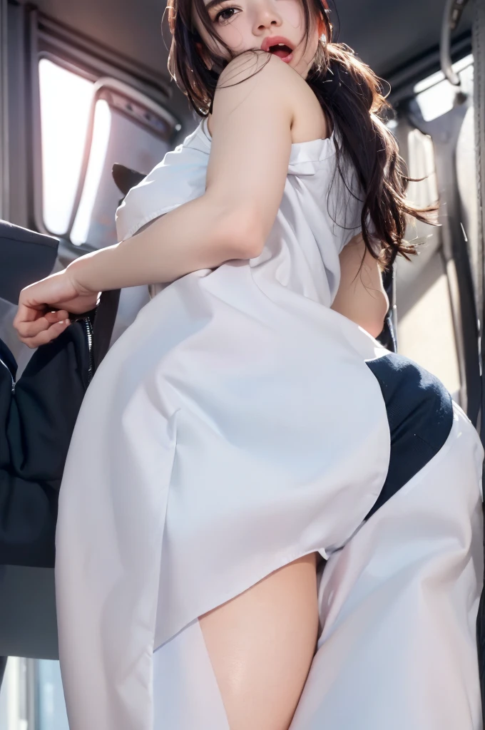 (masterpiece: 1.3), (maximum resolution: 1.2), (ultra high definition tv: 1.2), cinema light, 8K resolution, detailed facial features, focus on the face,perfect style, cute face, Accurate, anatomically correct, fine eyes,beautiful eyes、 shiny skin, Fair skin, Glossy skin、glossy lips、 (embarrassed look: 1.2),Female 32 years old, Retrospective shot of rear loam、angle from below, Low - Angle, from behind, beautiful face, (skirt lift:1.4), loose and wrinkled white panties, stockings, blush、humiliation、impatience、tears、embarrassing、surprised expression、expression of anger、 (flight attendant uniform:1.4),full of sweat、silver hair、green ash eye、soaking wet、flowing sperm、Sperm in the ass、sperm on thigh、flowing sperm(attractive ass:1.2),、exposed panties、disheveled clothes、exposed chest、inside the toilet、toilet bowl、