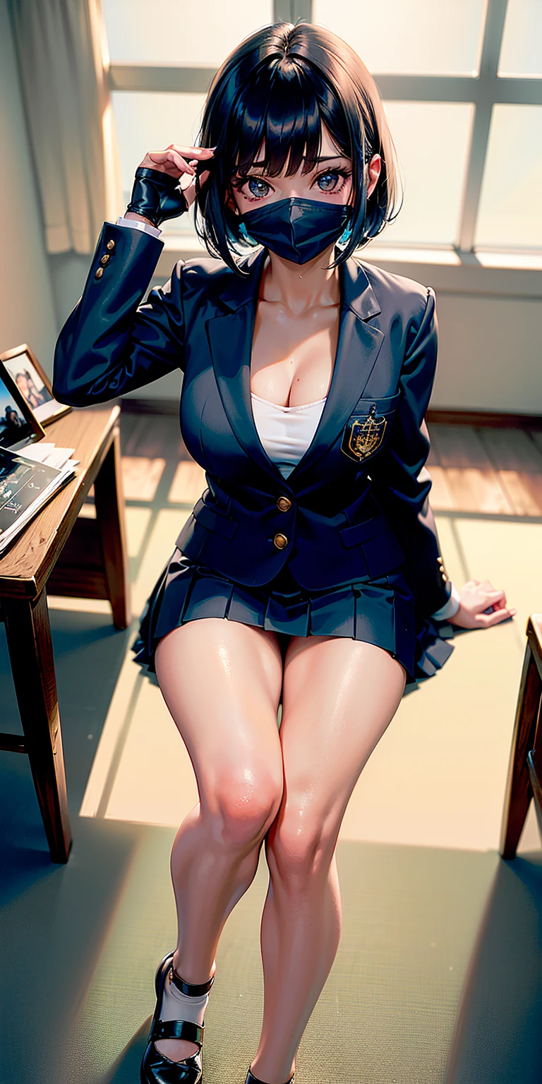 ((8k, RAW photos, top quality, masterpieces), high-definition RAW color photos professional close-up photos, (realistic, photorealism: 1.37), (highest quality), (best shadows), (best illustrations), collarbones ((big)), ((erotic, sexy, ultra high resolution, high-definition CG unified 8K wallpapers, physically based rendering, movie lighting), (aegyo sal:1), 18 year old girl, (grey blazer, ribbon, socks, high school uniform: 1.2), high school classroom, beautiful detail eyes, light on the face, ((full body shot: 1.2)), especially strong light, (upper eyes, grinning smile:1.2),shiny skin, (((black hair, bob hair:1.2))), ( thick thighs), ulzzang-6500-v1.1:0.2, shy, (flash:1.2), NSFW , (puffy), ((seductive posture: 1.2, attractive: 1.2)), (idle), (sitting at a desk in classroom: 1.2)), ((good anatomy: 1.2)), ((bright and refreshing classroom, background blurred: 1.2)), perfect face, cute face, (high angle shot:1.2), cleavage
