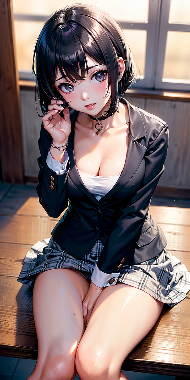 anime, estilo anime de mujer realista, (aegyo sal: 1), 18 years old girl, (blazer gris, cinta, minifalda plegada, calcetines, uniforme de escuela privada: 1.2), aula de secundaria, hermoso detalle en los ojos, (eye size: 3/4) luz en la cara, ((foto de cuerpo completo: 1.2)), luz especialmente fuerte, (ojos superiores, sonrisa sonriente: 1.2), piel brillante, (((cabello negro, cabello bob: 1.2))), (muslos gruesos), ulzzang-6500-v1.1: 0.2, bashful, (flash: 1.2), NSFW , (hinchado), ((postura seductora: 1.2, atractivo: 1.2)), (inactivo), (sentado en un escritorio en el aula: 1.2)), ((good anatomy: 1.2)), ((aula brillante y refrescante, fondo borroso: 1.2)), cara perfecta, cara linda y simetrica, (High Angle Shot: 1.2)s., Natural side lighting, ((8k, fotos RAW, calidad superior, obras maestras), High Definition RAW color photos professional close-up photos, (realista, fotorrealismo: 1.37), (highest quality), (mejores sombras), (mejores ilustraciones), Clavicles ((grandes)), ((erotic, sexy, ultra-high-resolution, 8K HD Unified CG Wallpapers, Physical representation, movie lighting), Canon EOS R50 camera 50mm lens