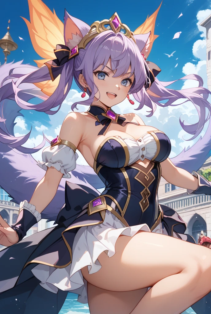 Guest Secretary(Genshin Impact),独奏,the detail,see-through transparent clothes,Masterpiece,Purple hair big breasts,long whitr hair,dual horsetail,beauty breast、cropped shoulders、purpleeyes、cropped shoulders,the detail,arms behind head, Arms up, bangs, Bikini, Blue sky, cleavage,((((Wet and transparent white bra)))((((Wet and transparent white T-line pants))),seductiv, Smile,Open-mouthed