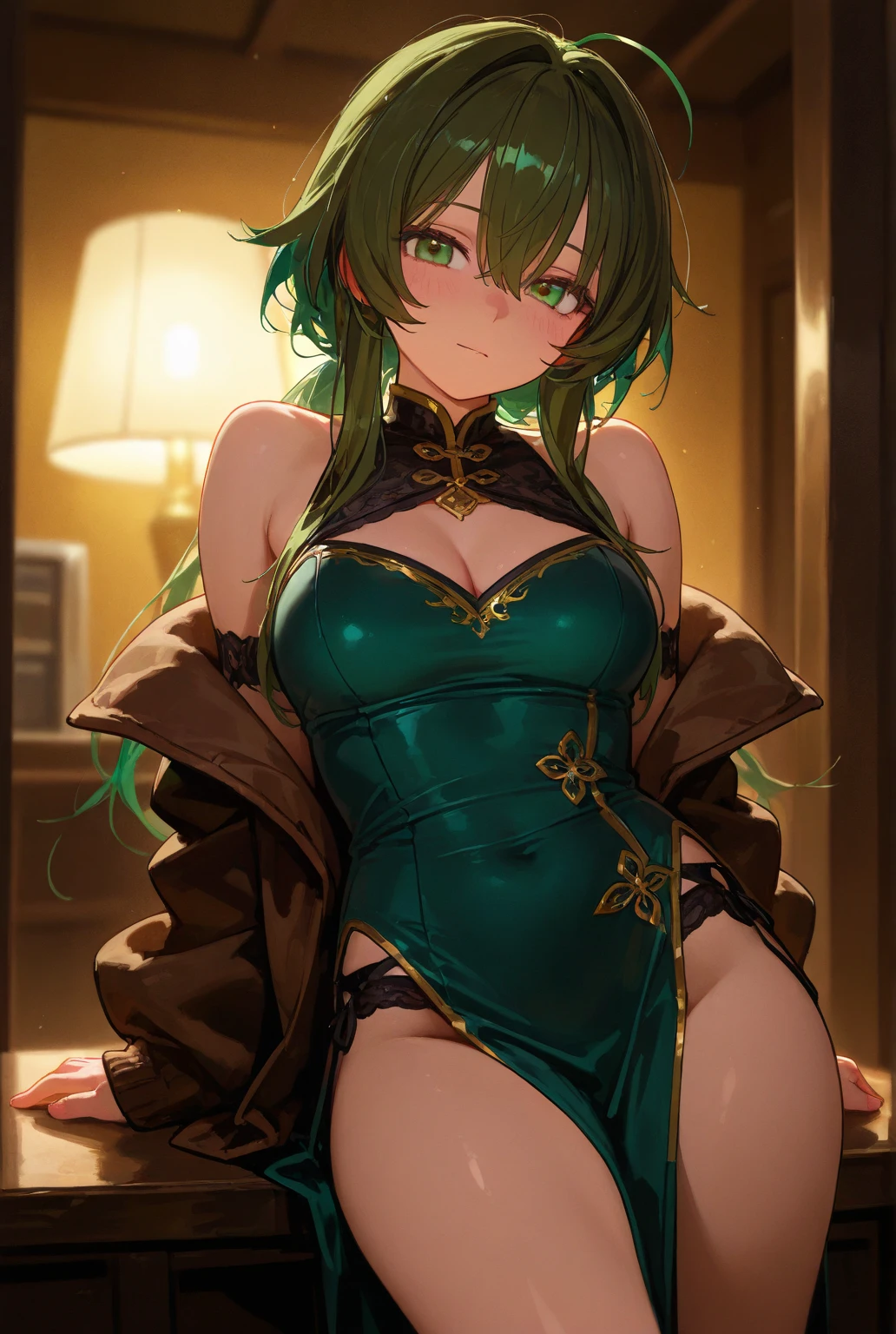masterpiece, best quality, detailed clothes,1girl, green eyes, black hair, solo, long hair, bangs, large breasts, cleavage, sexy, hot, smiling, smile, naked female, privacy