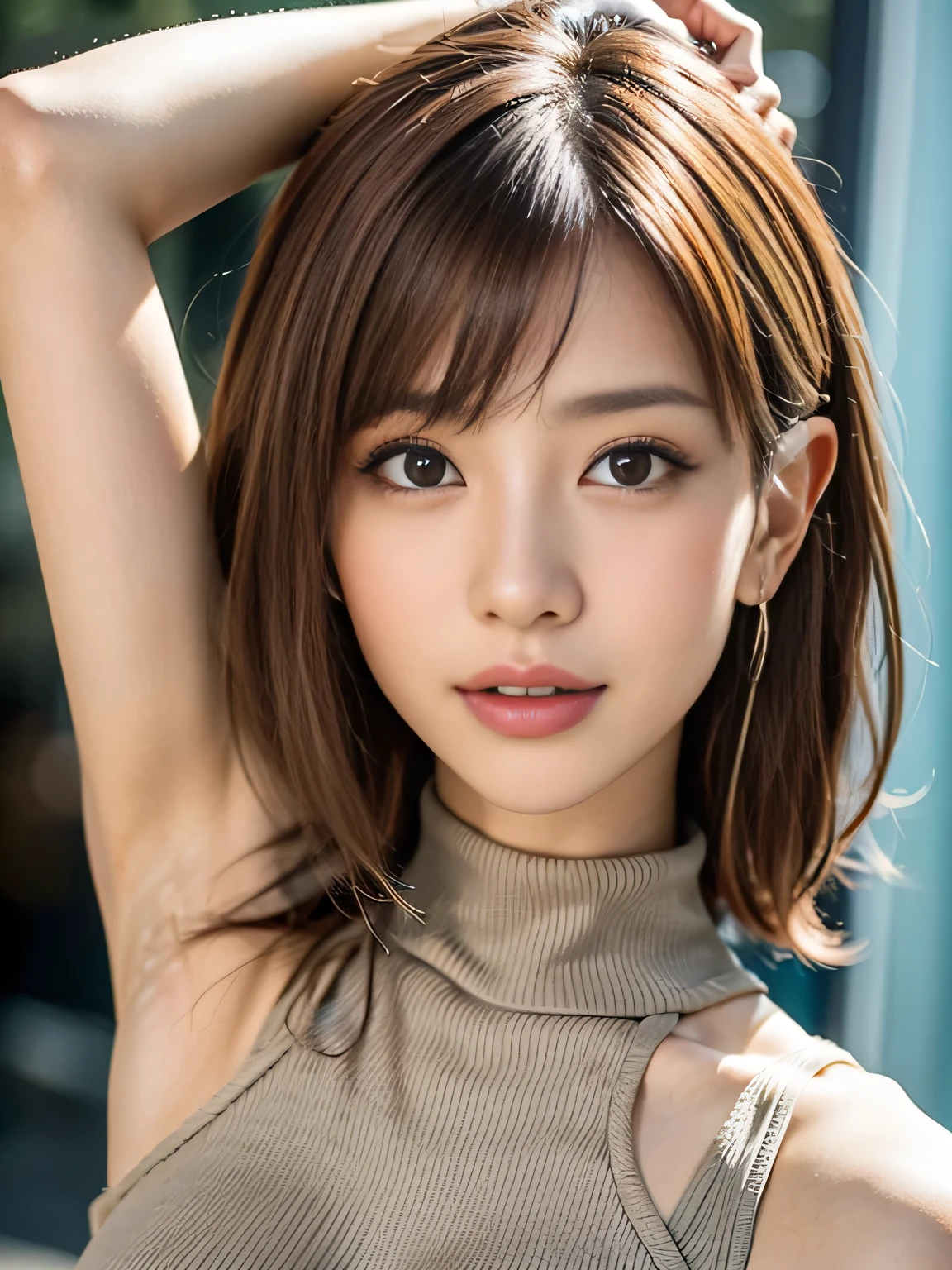 masterpiece、highest quality、High resolution、Tabletop、wallpaper、Realistic、Bright lighting、Professional Lighting、Face Light、Smooth lighting、Japanese women、Adult、Beautiful woman、action、gravure、sexy、poor、Super beautiful、Beautiful Skin、Beautiful and detailed、Detailed face、slim、moderately、short hair、Brunette colored hair、Brown eyes、Look at the camera、I have a sax
