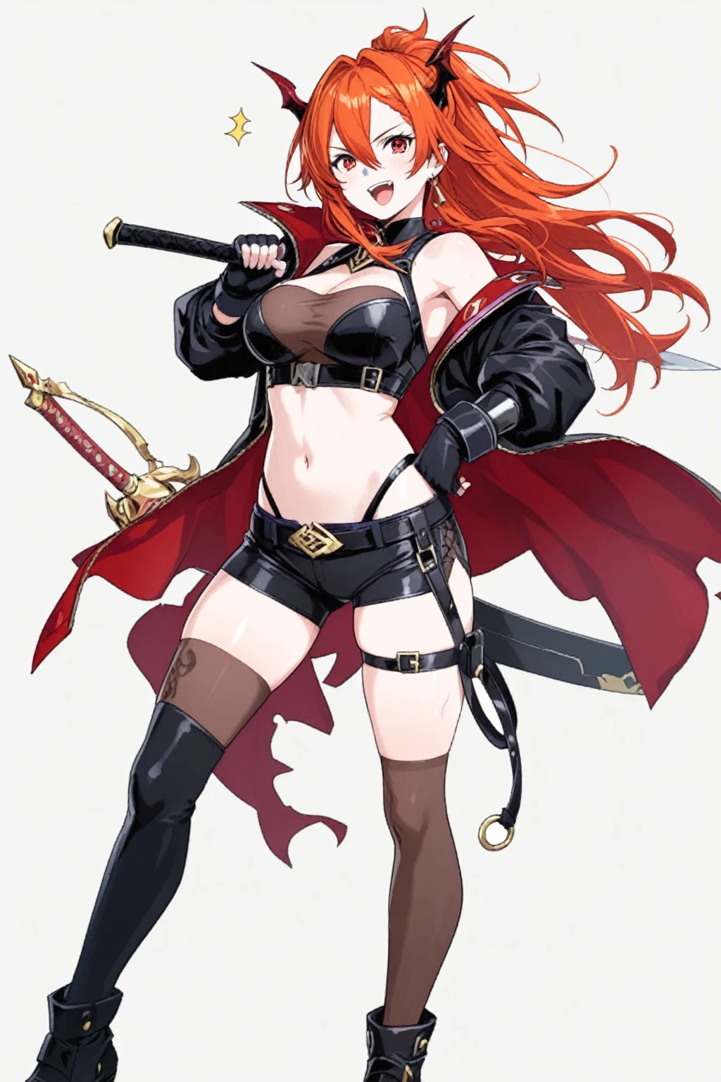 ((masterpiece, best quality)), (1 girl, small breasts), tan marks, dark skin, tan, disgust, from below, standing, hands on hips, upper body, wide shot, red short hair , cat ears, (cloak, glasses, lower milk), (breast harness, muscular, wide hips, thick thighs, navel, thigh strap, leather long pants), boots, ((holding a dagger in the handle, dagger&#39;s Battle posture, outdoors, adventurer, bandit \(final fantasy\) ))), forest, dungeon background, nature, medieval, reflected light, raytracing, delicate background, ((wide shot)) ((detailed face Features)), Shallow Depth of Field, [Volume Fog], Cinematic Lighting, Reflections, 8K Resolution, Subtle, Absurd, Realism, Absurd, High Detail, (Ray Tracing), High Resolution, Ultra Detail, Physics Base Rendering, Surreal, Natural Light, (Highly Detailed CG 8K Wallpaper), (Very Delicate and Beautiful), (Masterpiece), (Highest Quality: 1.0), (Ultra High Resolution: 1.0), Beautiful Lighting, Realistic Shadows, [HiRes], Detailed Skin, Super Detailed, (Realistic, Photorealistic: 1.4)