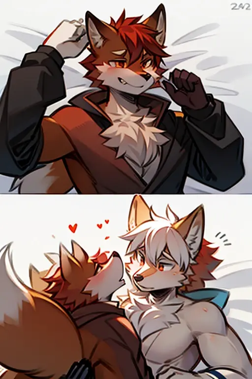 Dog boy and fox girl, 4K quality,High resolution, Holding hands,Deep Kiss,Drooling, Wearing a red collar,Feelings of love,Cute face, Doghouse life crying in bed,Heart symbol