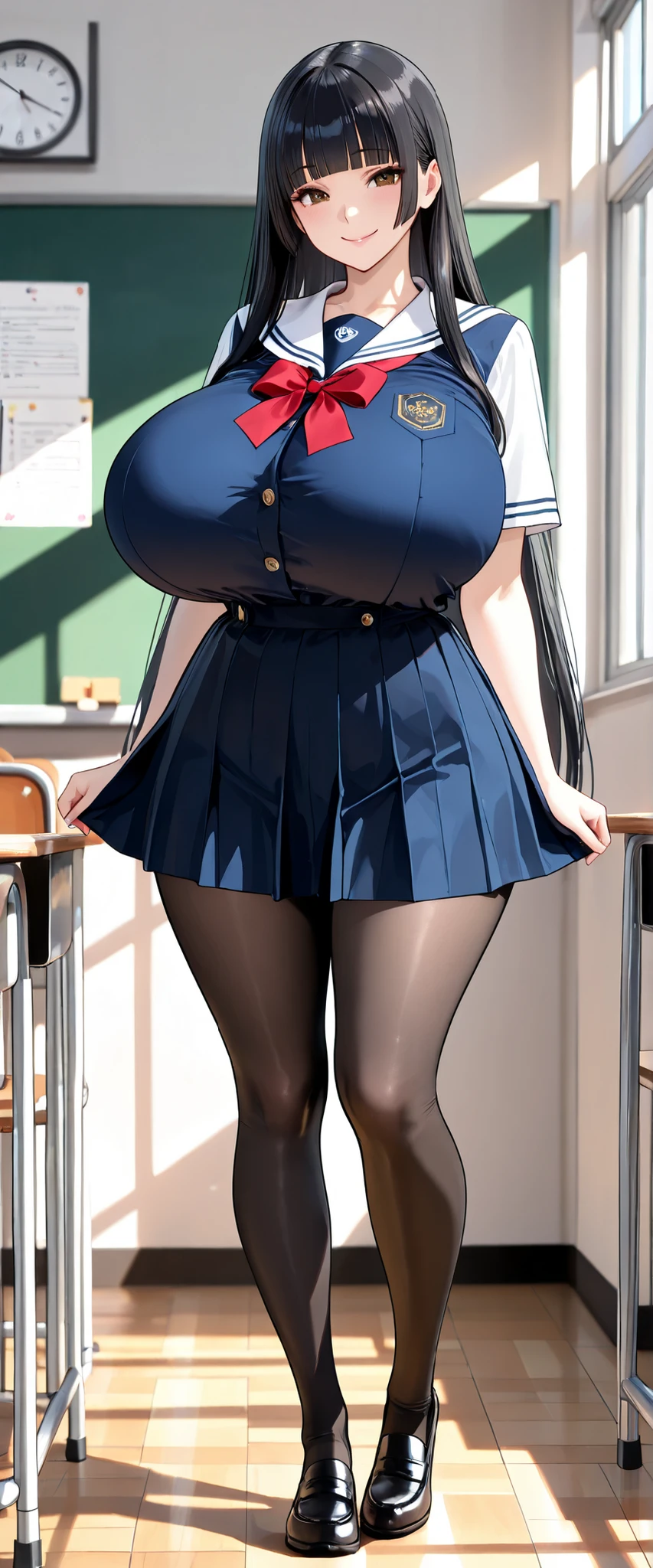 (masterpiece, Hi-Res, very high resolution, 8k, super detailed, top quality), Japanese Women, 1 high school girl, beautiful character design, tall from the school building, Clean face, (black hair, very long hair, straight hair, blunt bangs), beautifully detailed eye depiction, Expressive Eyes, brown eyes, Japanese woman who likes to be lewd, Smile Yan, (school uniform, Red ribbon, sailor skirt, Black pantyhose), (pointy breasts:1.3, saggy huge breasts:1.3), Beautifully Shaped Boobs, constricted waist, wide hips, standing, Looks fun, In a classroom at a school where no one else is, (full body:1.2)