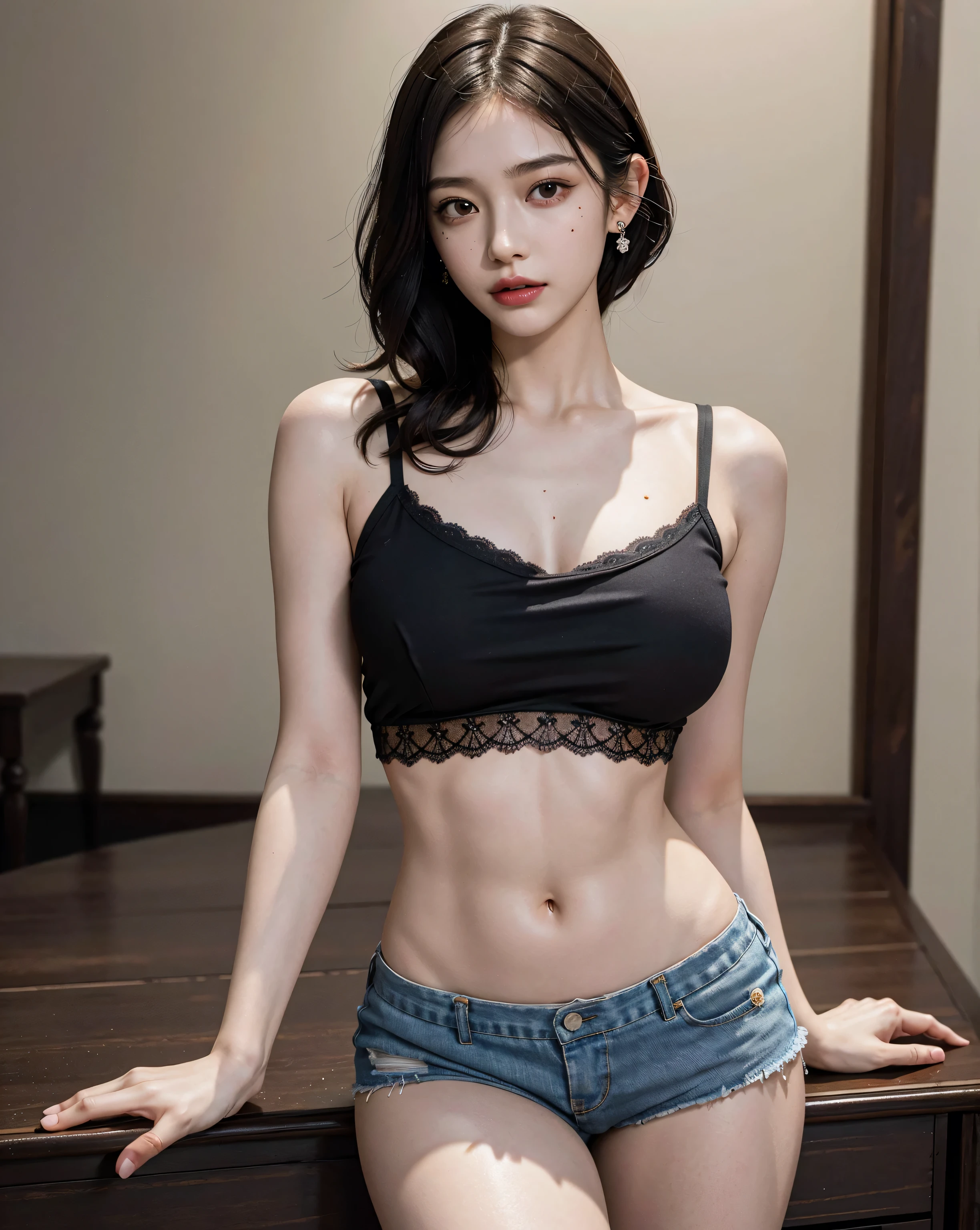 1girl, (Black Eyes), (smiling), (beautiful makeup :1.2), (wide hips), (big tits :1.1), (big ass), (Best Quality, 8k, Masterpiece: 1.3), Clear Focus: 1.2, Perfect Body Beauty: 1.4, strong abs, Highly detailed face and skin texture, detailed eyes, double eyelids, (shiny skin :1.2), (black short hair :1.2), (black sweatshirt :1.3), (white thong :1.3), standing, dynamic pose, in a living room, windows in the background