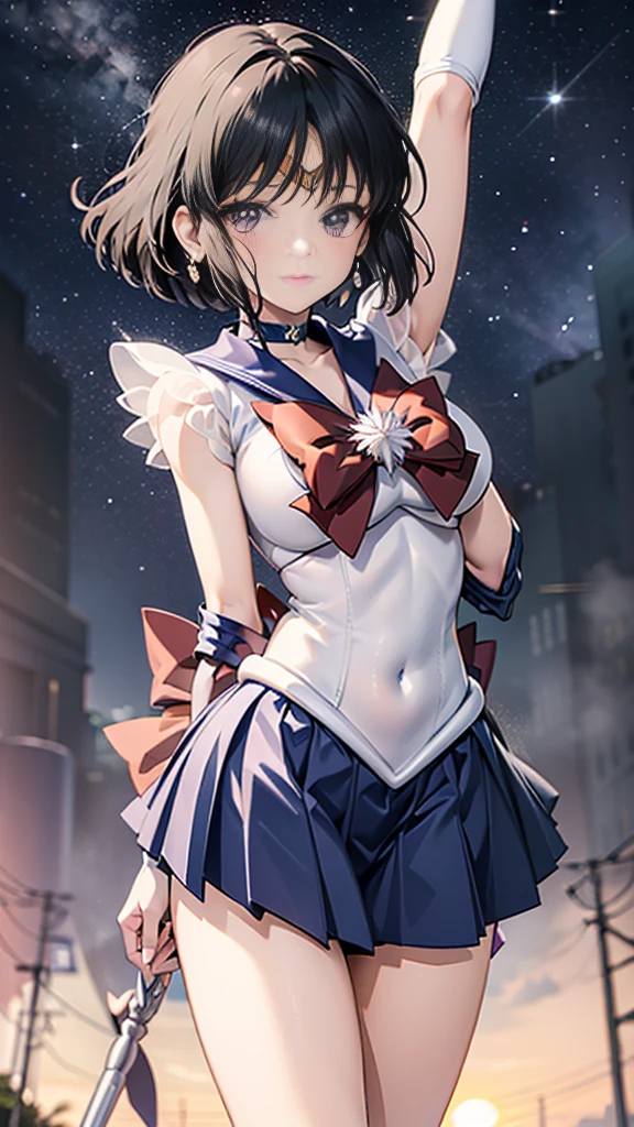 (masterpiece:1.2, best quality:1.2), ((shiratama)), R15, highres, (extremely detailed), (intricate), (beautiful dentaled glow:1.2), sunset, gradient sky, space, cinematic lighting, (pixiv), 1girl, (8k, HD, portrait, cowboy shot, anime, 4k, novel illumination), soft outline, (perfect quality:1.2), bangs
BREAK (tomoe hotaru, sailor saturn), purple eyes, purple hair, short hair, 
BREAK back bow, purple bow, purple choker, purple sailor collar, purple skirt, bow, choker, earring, tiara, white gloves, jewelry, magical girl, large breast, collarbone, (white leotard), miniskirt, sailor collar, sailor senshi uniform, boots, (sleeveless), (see-through), (skindentation:1.2), (steaming body:1.2), (bare shoulders, bare hip, thighs, covered navel)
BREAK (perfect anomary, perfect hand), (perfect cute face:1.4), (perfect clothes, perfect body), night, (sky:1.2), heavy breathing, (:o, (in front), outdoor, energy, battle, NFSW)