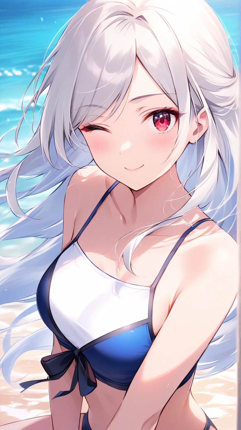 score_9, score_8_up, score_7_up, source_anime, masterpiece, absurdres, medium breasts, mature woman ,perfect face, 1girl, cute expression, smiling, looking at viewer, standing, arched back, beach, alisamikhailovna, alisamikhailovna kujou, long hair, bangs, blue eyes, ahoge, gray hair, red ribbon, Cyan bikini