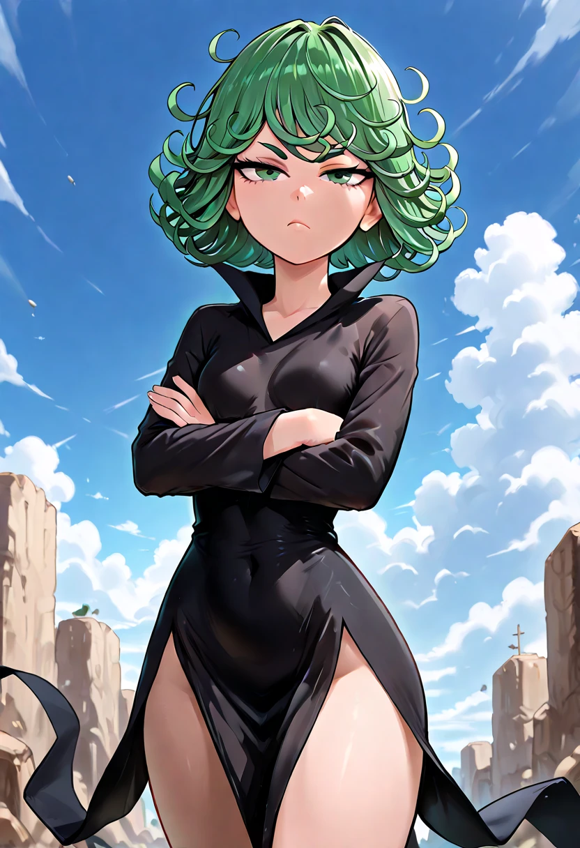 Tatsumaki from the cartoon "One punch Man", crossed hands, annoyed, flushed, from below, black panties, short black dress, in a desert.