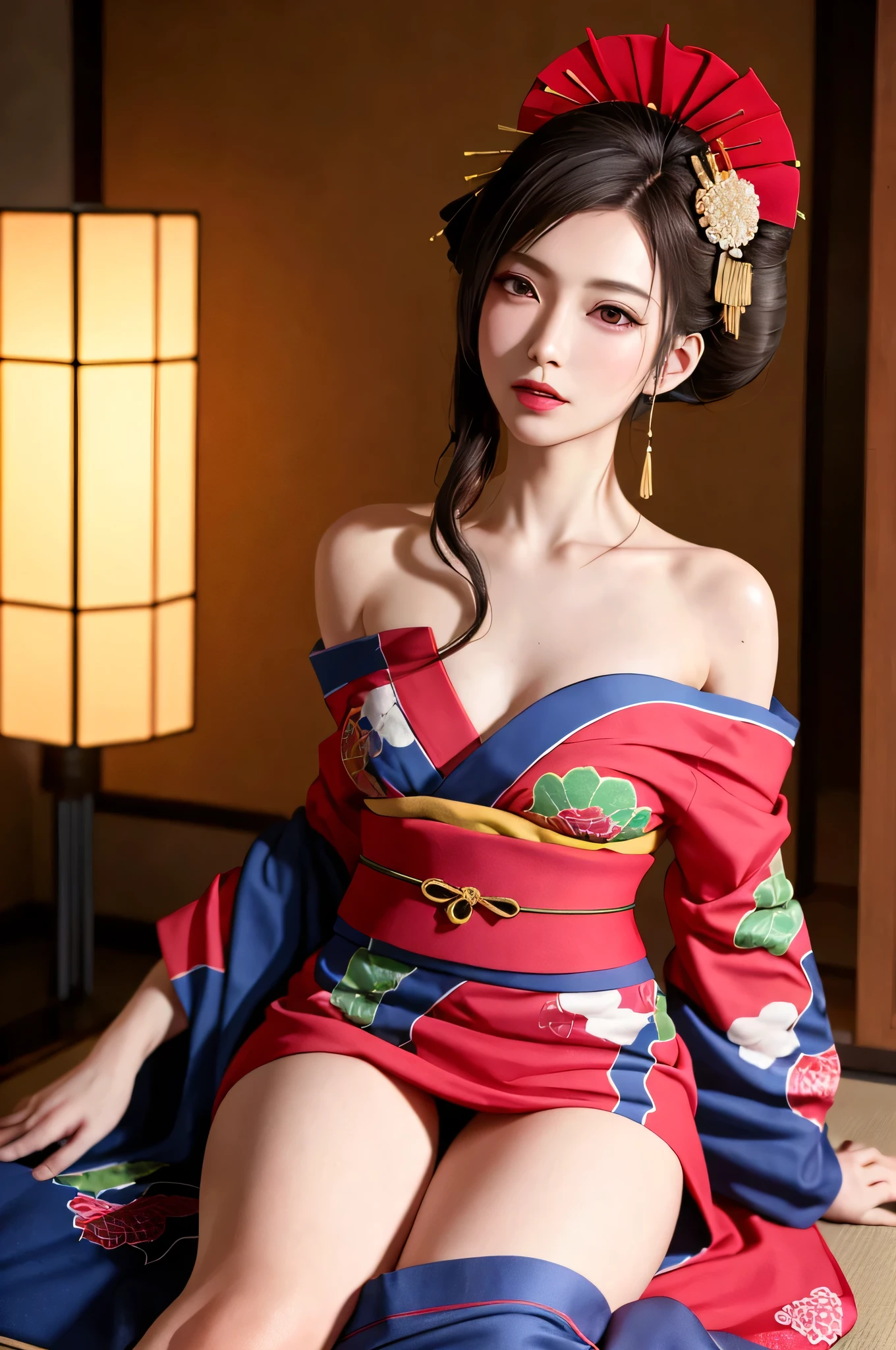 ((Top quality, 8k, Masterpiece: 1.3)), Sharp focus :1.2, ((Body slim thin captivating)). ((Skin tattooed)), huge breasts, huge ass, fitness legs. Make-up face. Red lipstick. hair accessories, hair Bun, elegance, enchanting,
((Beautiful Japanese Geisha)), ((long skirt. Red kimono. Bare shoulder, legs and breasts)),
Long legs_full body. Sit down. Under the floor. ((Dark background))