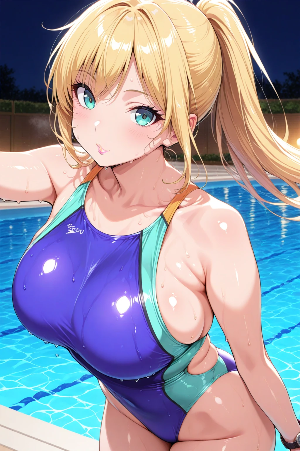 School, Pool, water,
Blue competition swimsuit, one-piece swimsuit,
<lora:Nina_Tsubakihara_MasterPiece-KK77-V1:0.7>
Blue eyes, Orange hair,bangs,Long hair,high ponytail,
<lora:Oda_Non_Style-KK77-V2:0.3>,<lora:more_details:0.1>,
1 girl, 20yo,Young female,Beautiful long legs,Beautiful body,
Beautiful Nose,Beautiful character design, perfect eyes, perfect face,expressive eyes,perfect balance,
looking at viewer,(Focus on her face),closed mouth, (innocent_big_eyes:1.0),(Light_Smile:0.3),
official art,extremely detailed CG unity 8k wallpaper, perfect lighting,Colorful, Bright_Front_face_Lighting,White skin,
(masterpiece:1.0),(best_quality:1.0), ultra high res,4K,ultra-detailed,
photography, 8K, HDR, highres, absurdres:1.2, Kodak portra 400, film grain, blurry background, bokeh:1.2, lens flare, (vibrant_color:1.2),professional photograph,
(Beautiful,large_Breasts:1.4), (beautiful_face:1.5),(narrow_waist),