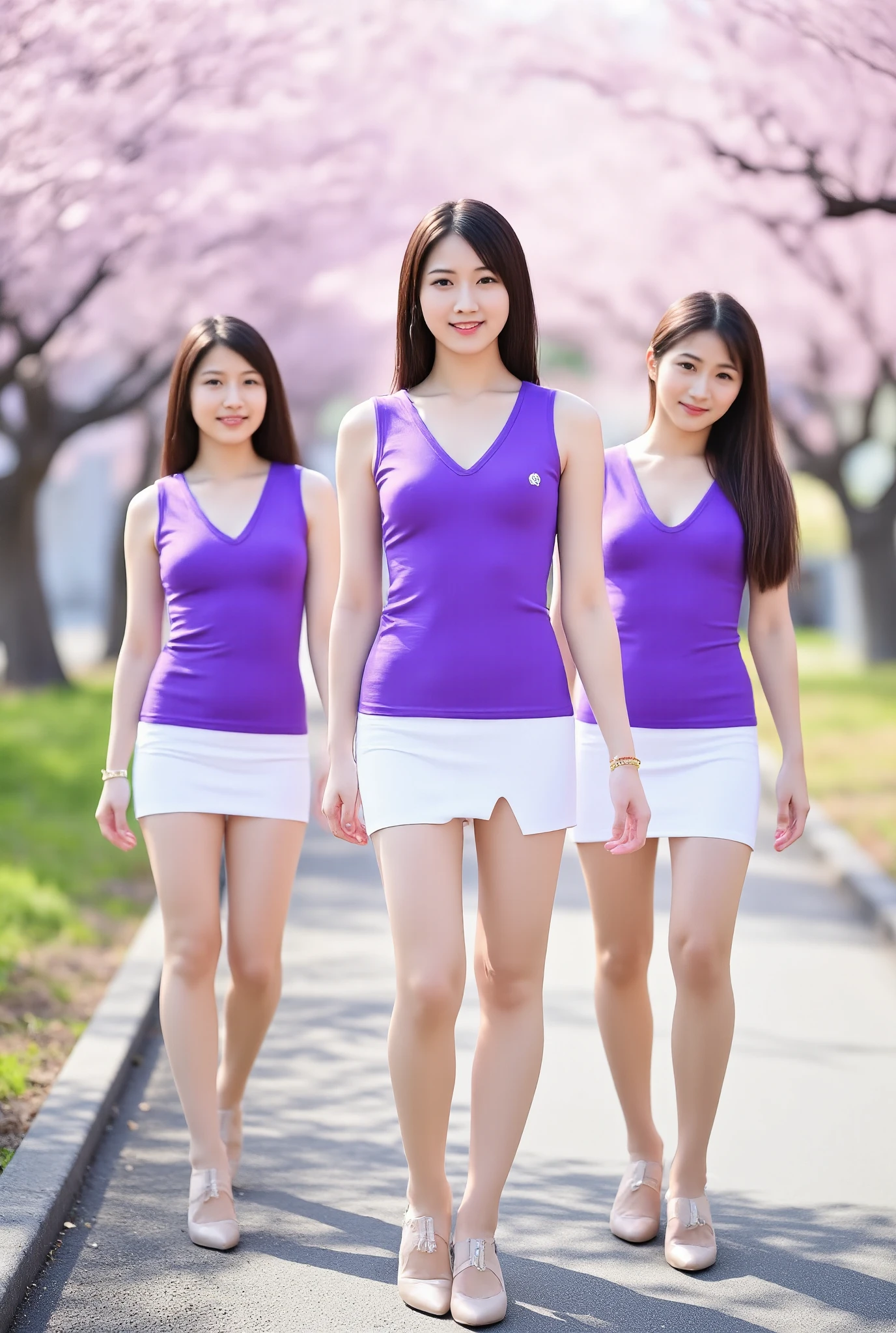 3 Japanese people in their 20s,3 Women with the prettiest faces,3 people walk side by side through cherry blossom trees,3 of the prettiest model women, bust 90 cm,F cup,Nipples are not visible,I won't show,hide,deep v-neck,purple sleeveless sexy tank top that fits the body line,Unflinching,Pretty Short White Pencil Miniskirt with a slit,Short miniskirt that fits the body,Beige high heels,overall look,Long Hair That Extends to the Chest,model hand ,Beautiful mature woman with red lipstick,Wear accessories on both ears,Gold bracelet on left wrist,gold necklace on the chest,Smile Yan,looking at the camera,stare,high res,top quality