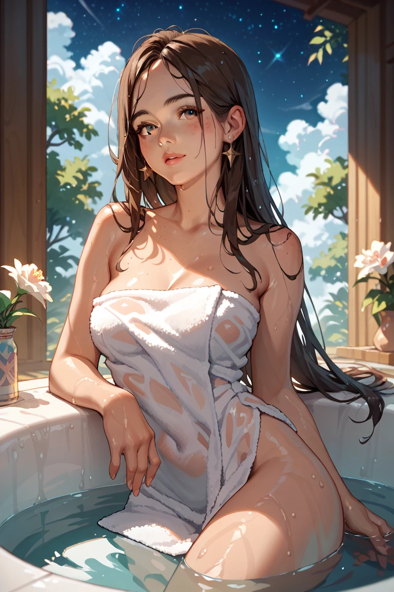 ((Best quality, 8k, Masterpiece :1.3)), 1girl, Pretty woman with emphasizing feminine abs :1.3, Huge breasts :1.2, (Bathtub, Wet outfit :1.1), Ultra-detailed face, Highly detailed lips, Detailed eyes, Double eyelid --auto --s2