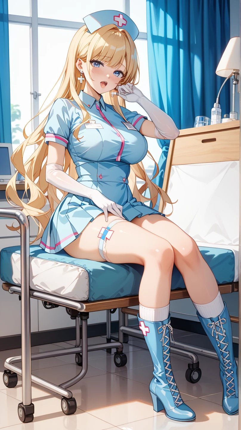 white stocking, long blonde ponytail, blue eyes, blue nurse costume, blue medic gloves, medium breast, in hospital, sexy attire, medic blue face mask, thick thights, unbuttoned, 1girl, sexy laying nurse pose, legs apart, white panty