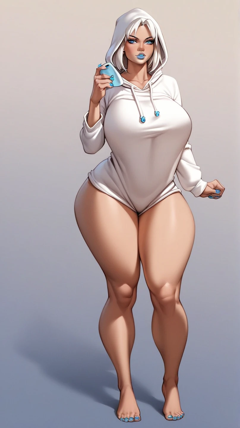 girl, full body, very big breast, gray hair, medium shoulder length hair, long bangs, standing, white bra, white underwear, milf, mature, front view, white transparent legging, strapless bra