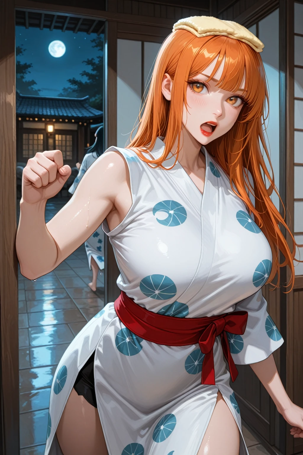 (Masterpiece, Best Quality, High Quality), from side,volumetric lighting, illustration, beautiful, perfect lighting, perfect shadows, (breathtaking scenery:1.1), blushing,  standing, honoka kousaka, blue eyes, orange hair,karate gi,white karate custom, black karate belt,no bra, cleavage, sweating, exited smile , detailed floating hair strands, castlevania style, closed mouth ,thicc legs , skindentation , ?????? slip , holding fist, serious ,posing