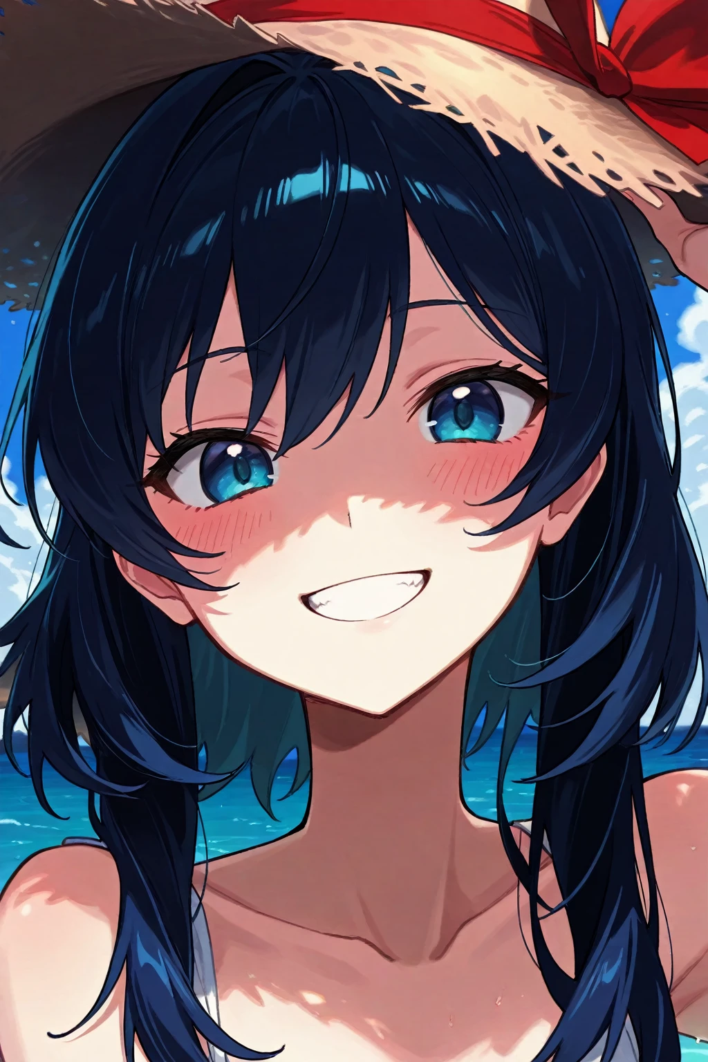 ((Masterpiece)), ((Best Quality)), Illustration, One Girl, Hair color, Bangs, Hairstyle Fax, Portrait from waist up, Paleo, Women, Cat ears, Long dark light blue hair, Single braid, Dull bangs, big smile, Smile showing teeth, bikini, tropical sand, Focus on eyes, Selfie