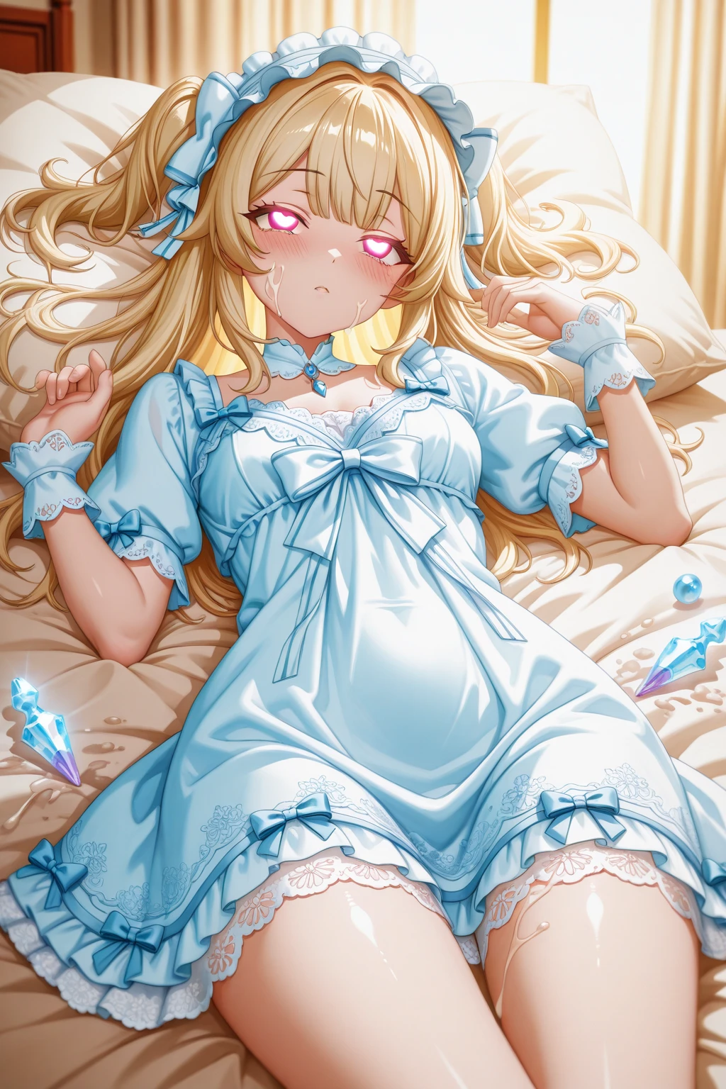 (best quality, masterpiece),full body, 1 girl, solo, mine ,nsfw, details, (Light and shadow oxtail , Cute girl posing on pillow ,steam, pillow humping,(pillow ride), masturbation, pillow straddling, crotch rub, hump,open mouth , kneeling,(Steaming hot),(pillow), (((frilled pillow))), base on anime, LatifaFleuranza, blonde hair, blue eyes, very long hair, tiara, LatifaPajama, pajamas