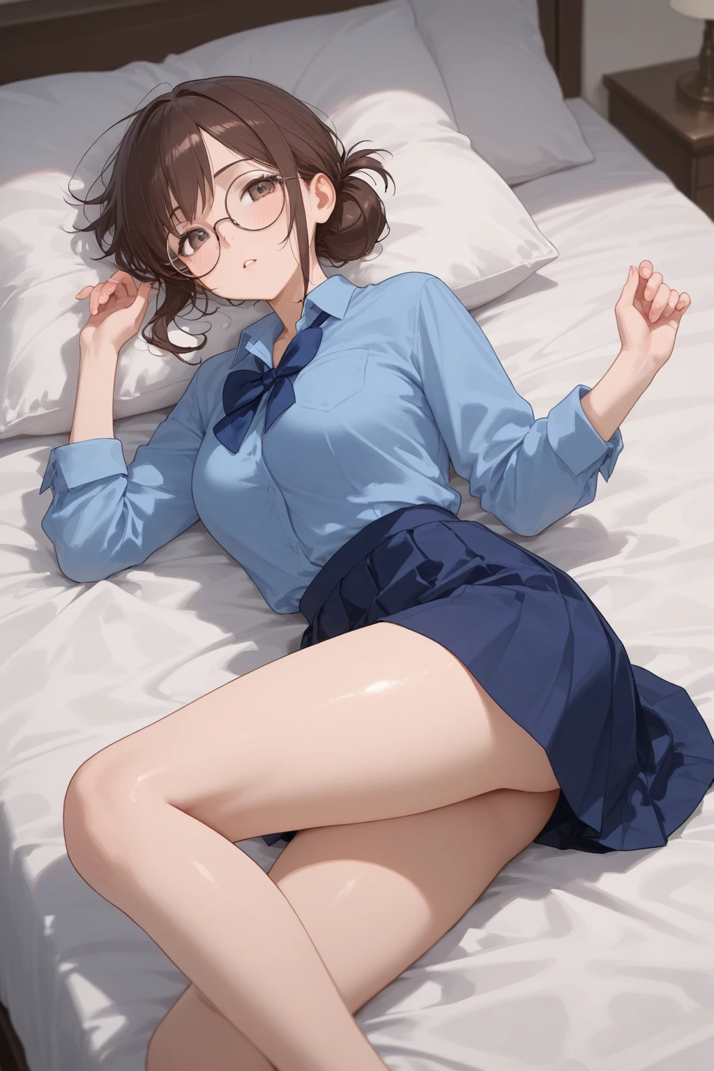 Beautiful woman, (Perfect Anatomy), Slender、(OL、White short sleeve shirt、vest、bow tie, detailed side tie panty), (Look down), (Pussy juice:1.1)、(Hug your chest)、20-year-old、(highest quality)、Black Hair, short hair、 Messy Hair、bedroom、Sitting on the bed、(Cutting seat), (8k, High resolution)、(Embarrassing:1.4)、(blush:1.1), medium breast, (steam:1.1), embarrassed,
