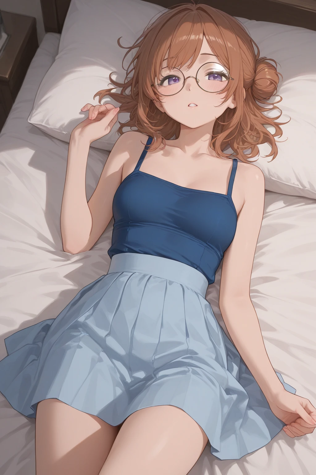 ultradetail、particles of light:0.5、slender、small breasts、Red Frame Glasses、beautiful blue eye、humiliated face、cleavage、white blouse、face with tongue out、lie in bed